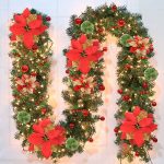 Christmas Garland with Lights, 9ft Pre-Lit Artificial Christmas Green Garland for Stair Decorations with Spruce, Red Flowers, Berry Clusters for