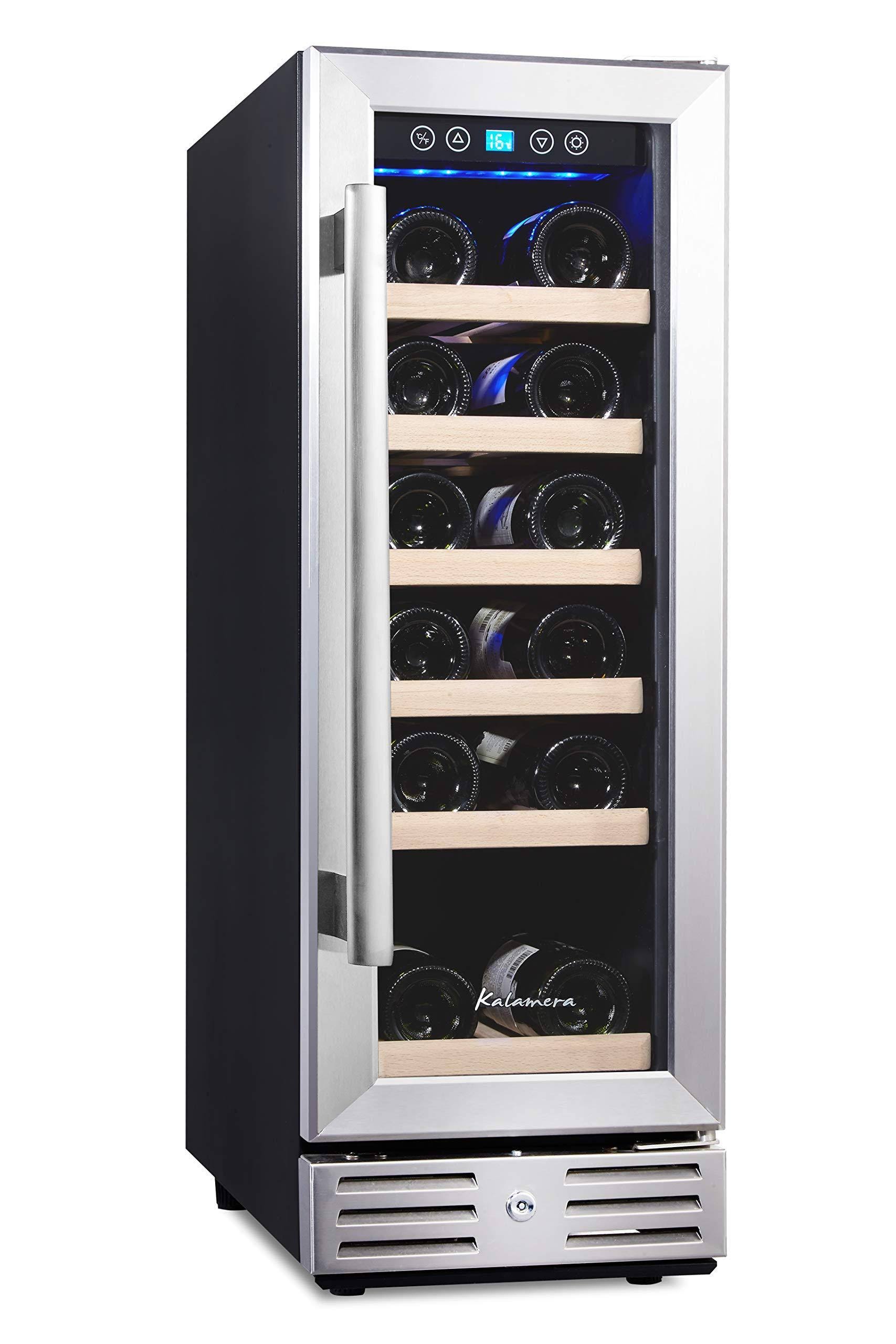 442f9af9dfa1f44fab5425cd0edb5ef1e3eeb8b9d6486eb9ce1931dbd2a5b089.jpg Kalamera 12'' Wine Refrigerator 18 Bottle Built-In or Freestanding with Stainless Steel & Double-Layer Tempered Glass Door - Image 1