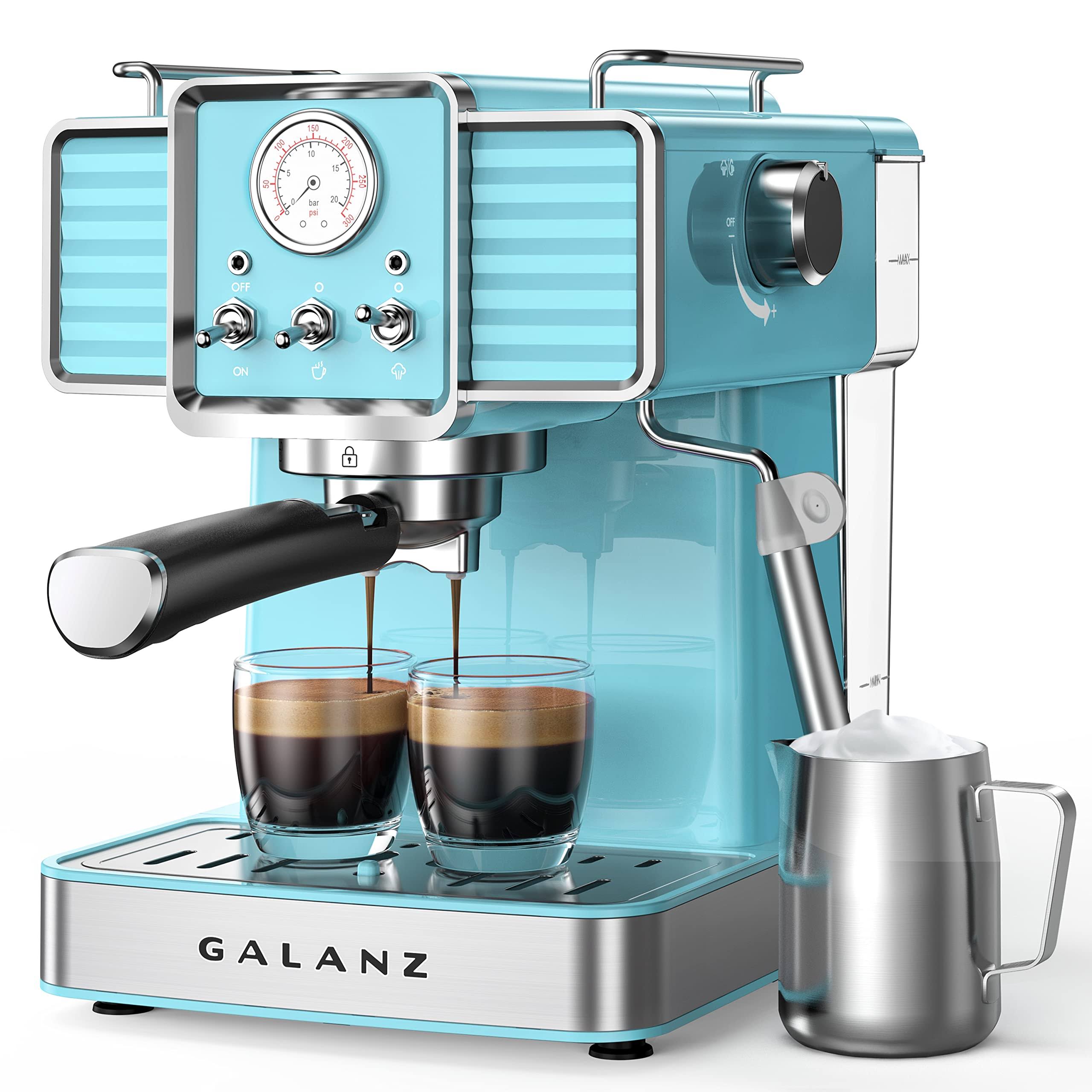 449aa59109ef608f15dcc2d45f4e007fb6db4b29d3de53ac3c326a2f34c86164.jpg Galanz Retro 2-Cup Espresso Machine with Milk Frother - Blue - Image 1