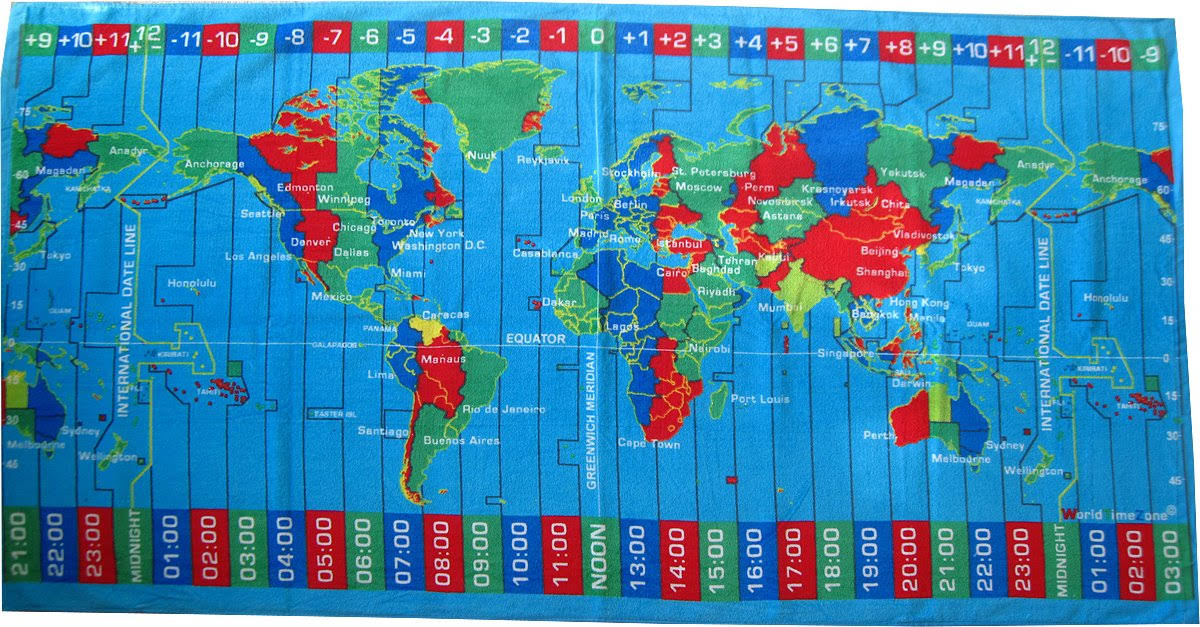 449b31c1785d67119dca3f84d78be3bd21a1982efe3d8b0a0b8d4bd9cd30664a.jpg World Time Zones Caribbean Blue Color Velour Beach Towel 30x60 Inches - Image 1