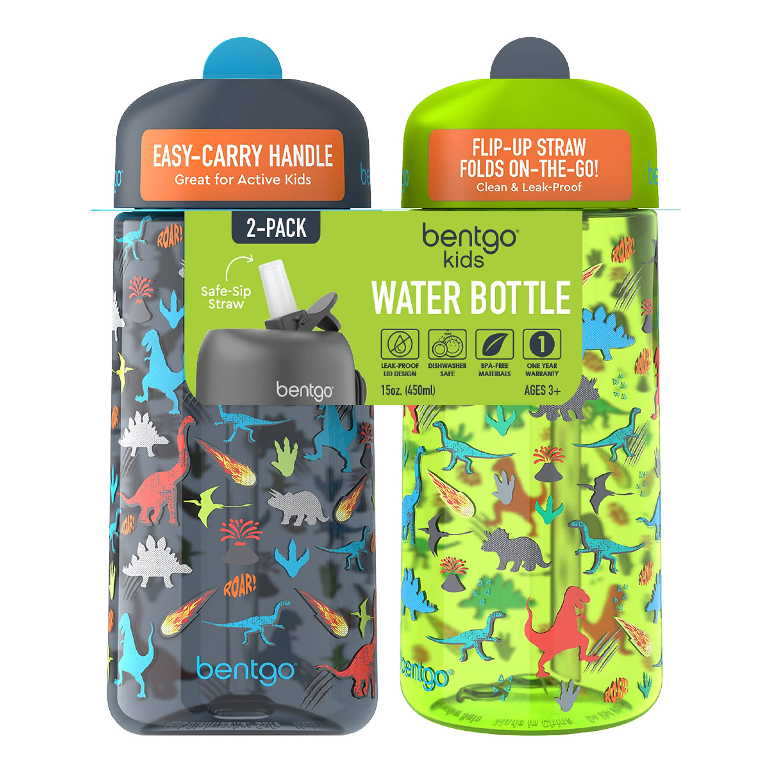 44ded4422e8f12fc2f8576b649c0862d45e51740de94b882d42840359b43973e.jpg Bentgo Kids Prints Water Bottle 2-Pack - Dino - Image 1