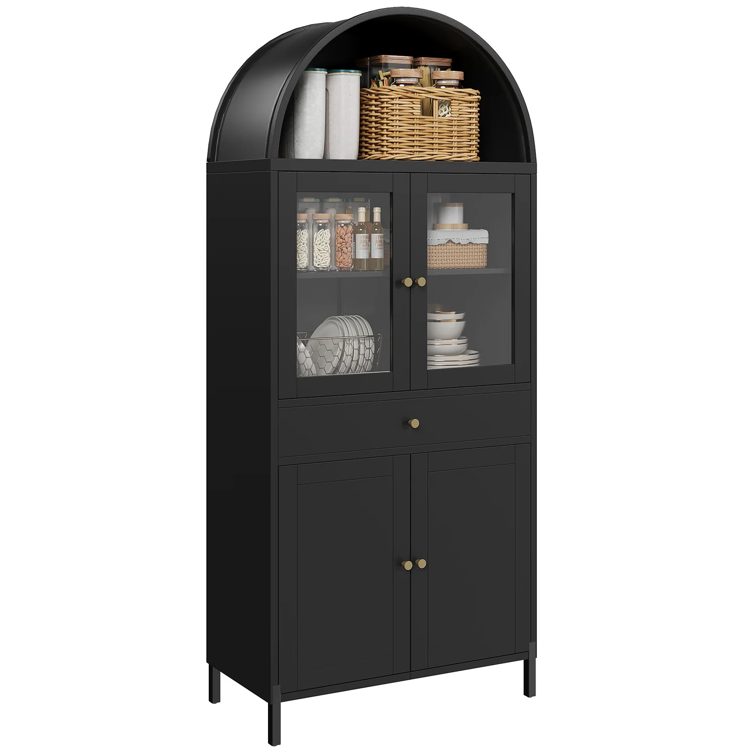 44e47be1ffb9bef670eb91e77230005b0139b61c81b7b1abdbc17a86d3573898.webp AECOJOY 73'' Kitchen Pantry, Metal Arched Storage Cabinet with Glass Doors/Adjustable Shelfs/Drawer - Image 1