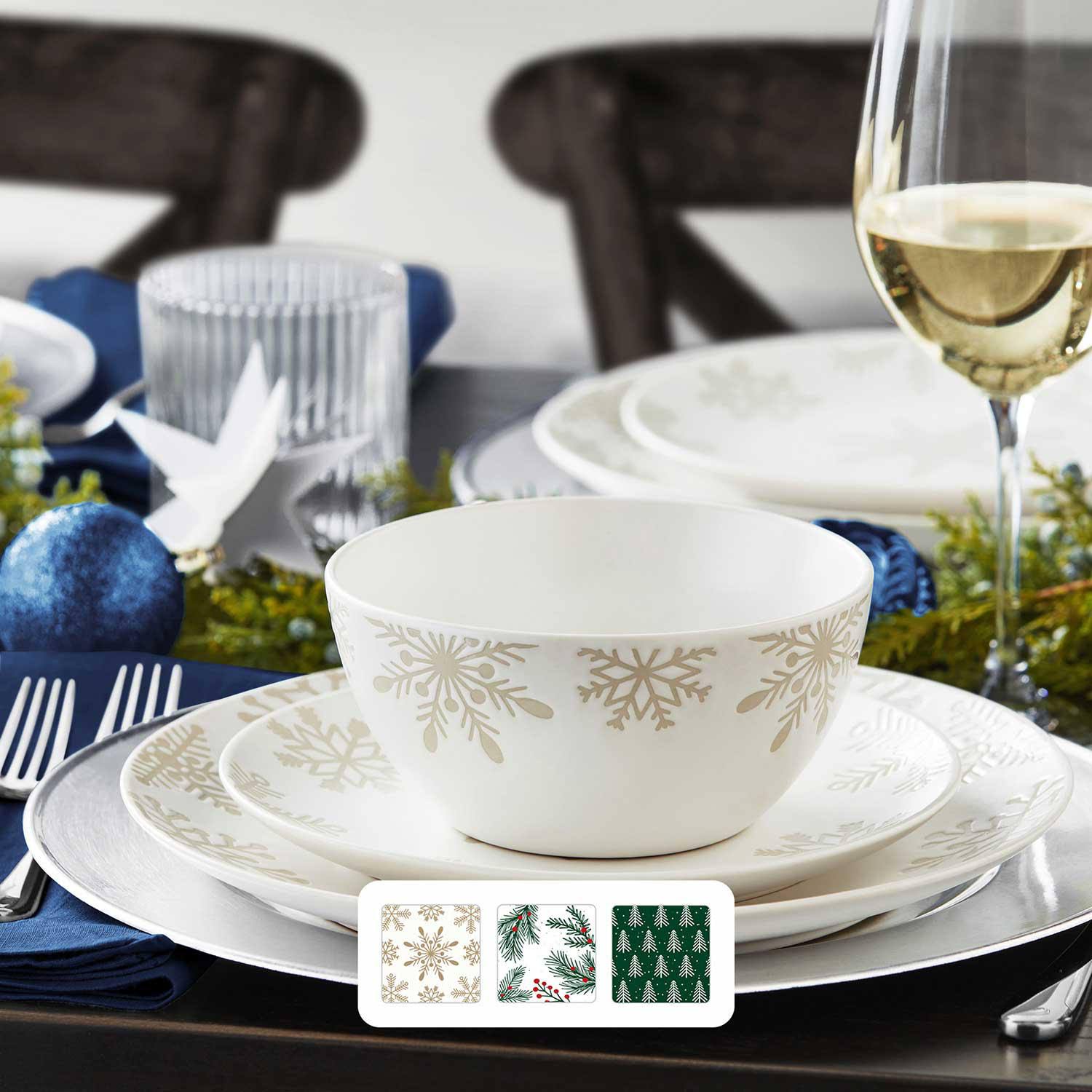 44fbde4299ee0f7454a7ef038ee9e823678f7631916c7d0eabf18779b008e129-1.jpg Member's Mark 12-Piece Stoneware Holiday Dinnerware Set | Snowflakes - Image 1