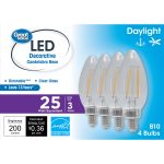 Great Value LED Light Bulb, 3W (25w Equivalent) B10 Deco Lamp E12 Candelabra Base, Dimmable, Daylight, 4-Pack