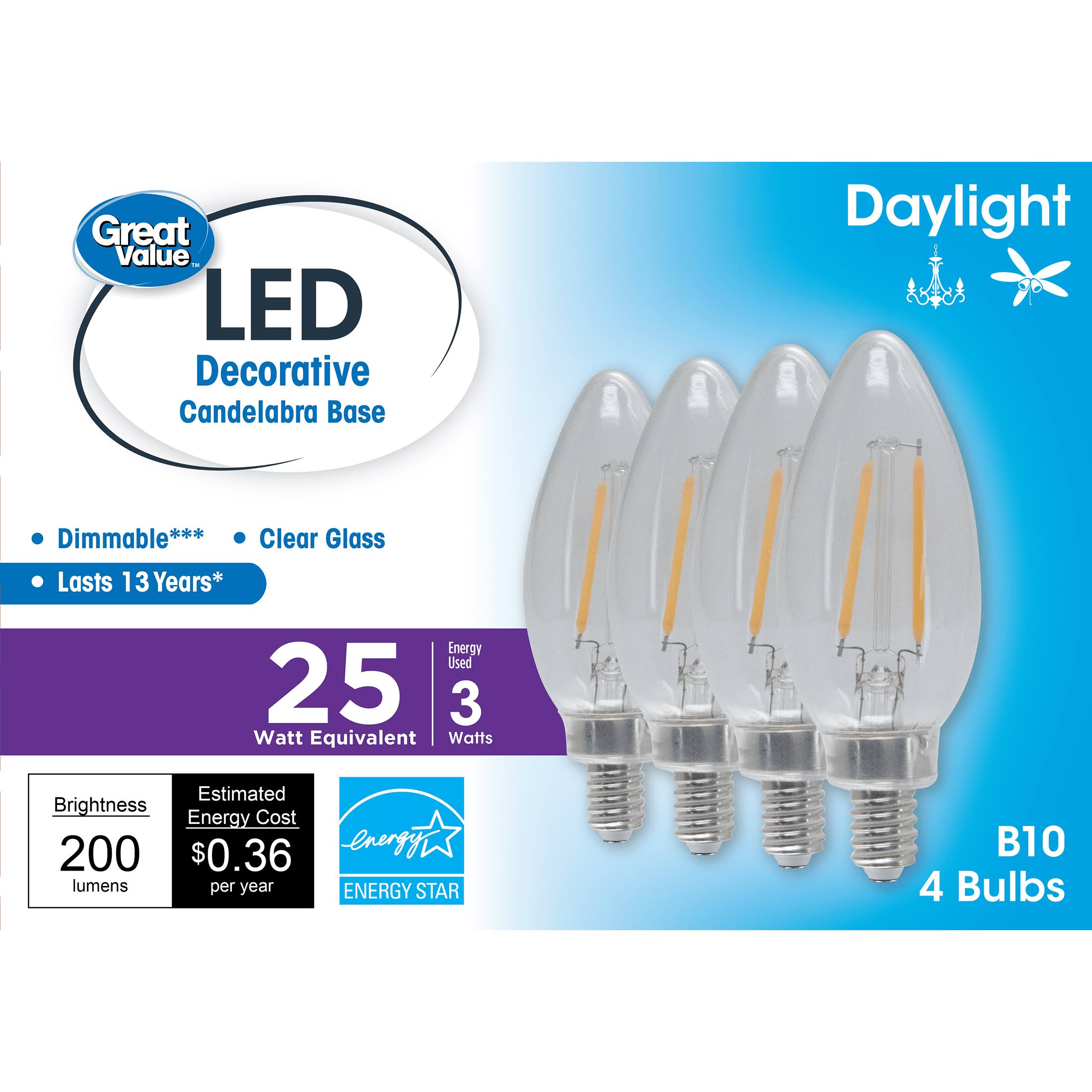4512c119ff3a866e303945c438713dee2373e9fe1ddaf27a086afaf03202b860.jpg Great Value LED Light Bulb, 3W (25w Equivalent) B10 Deco Lamp E12 Candelabra Base, Dimmable, Daylight, 4-Pack - Image 1