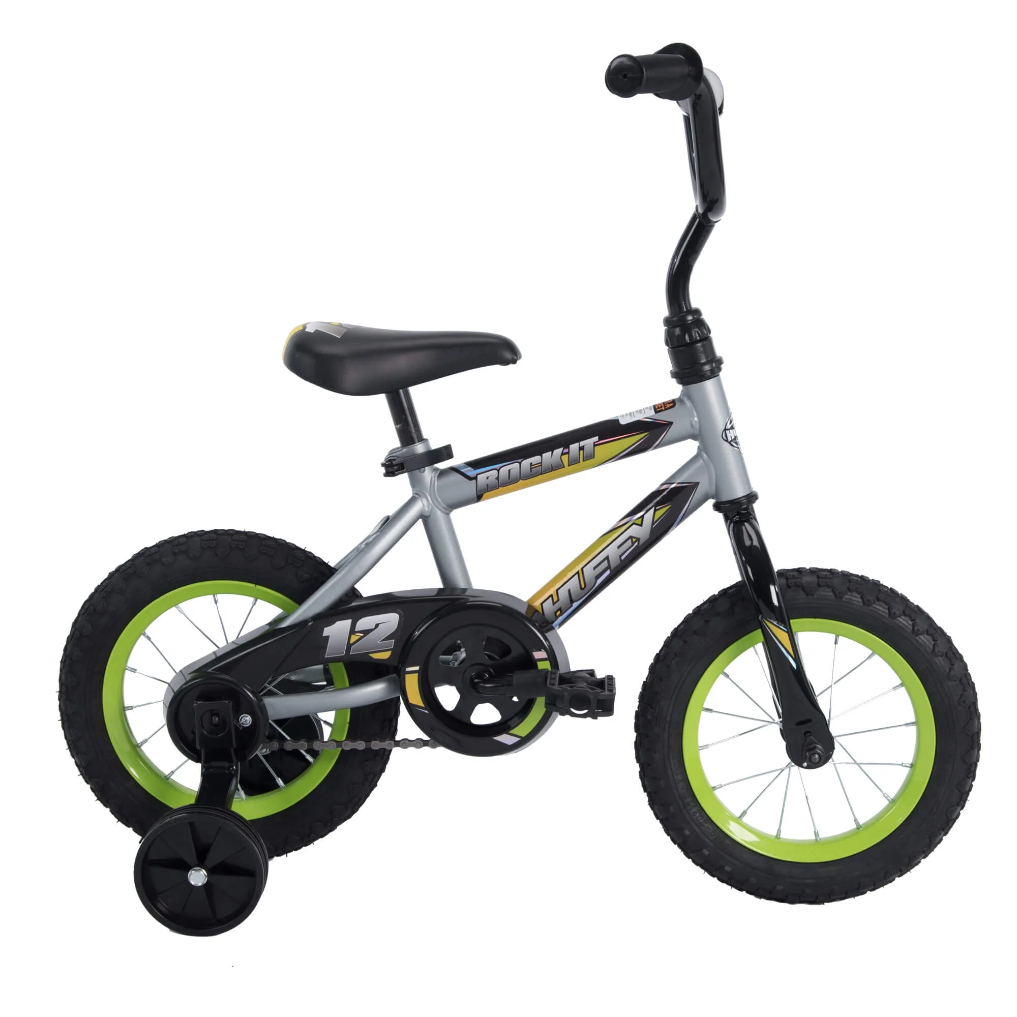 4531f3a9758ed556ee56d5be05bca150e73efd74fb47336756be082472d684ba.webp 12 In. Rock It Boy Kids Bike, Grey Matte and Lime - Image 1