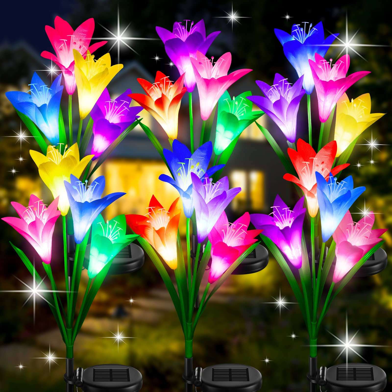458fce28345dd62265d4e12bc29b23ca48e495d1ee52ec51f33bf615a3453d3b.jpg KuBace Solar Outdoor Lights Garden Decor, 6 Pack Upgraded Solar LED Flower Lights with 24 Bigger Lily Flower Lamp, 7 Color Changing Waterproof Solar - Image 1
