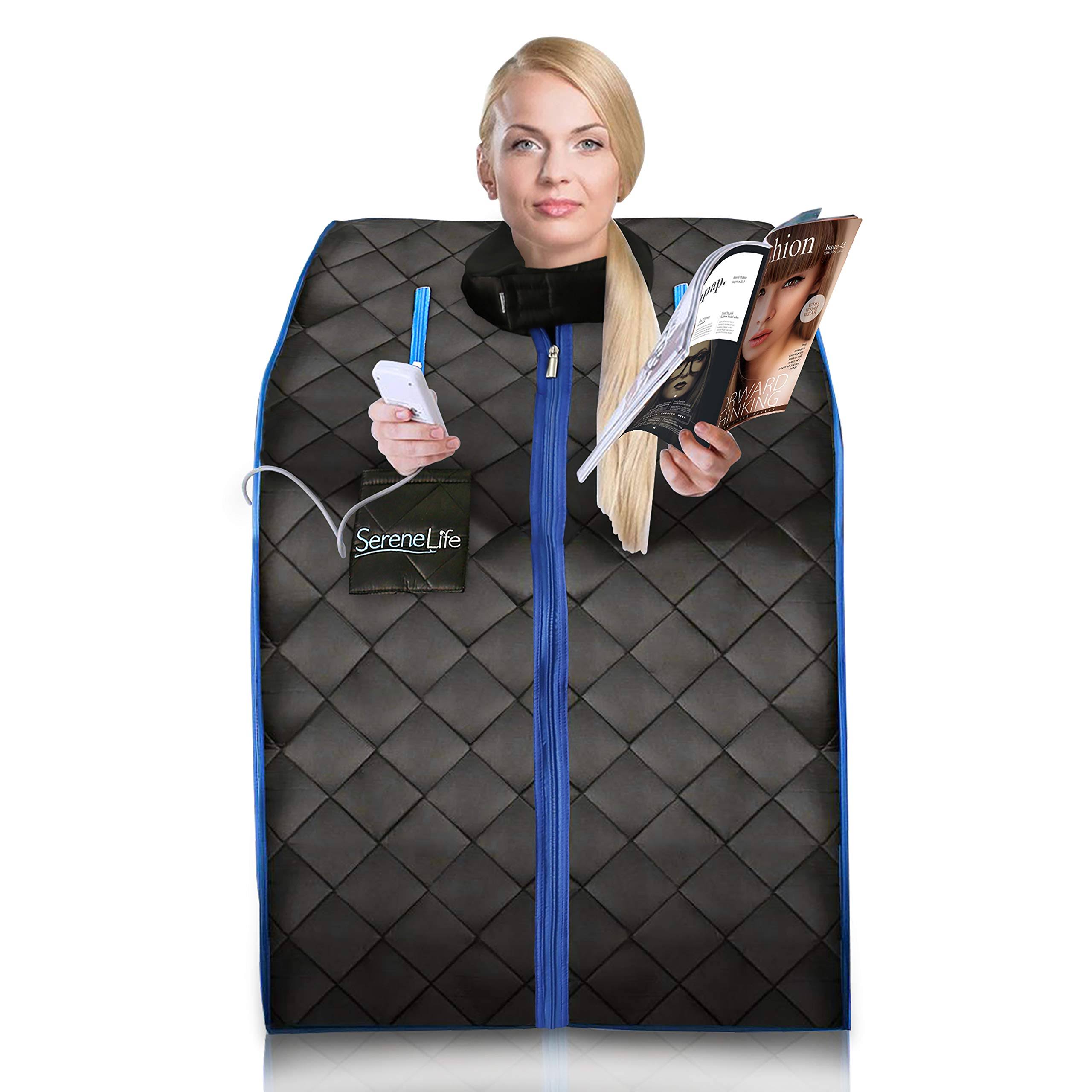 45a4f9dd4538db49117404292bac9a047760b98c86f8c38a9d414840a6fedcf8.jpg Serenelife AZSLISAU10BK Infrared Home Spa One Person Sauna with Heating Foot Pad and Portable Chair Black - Image 1