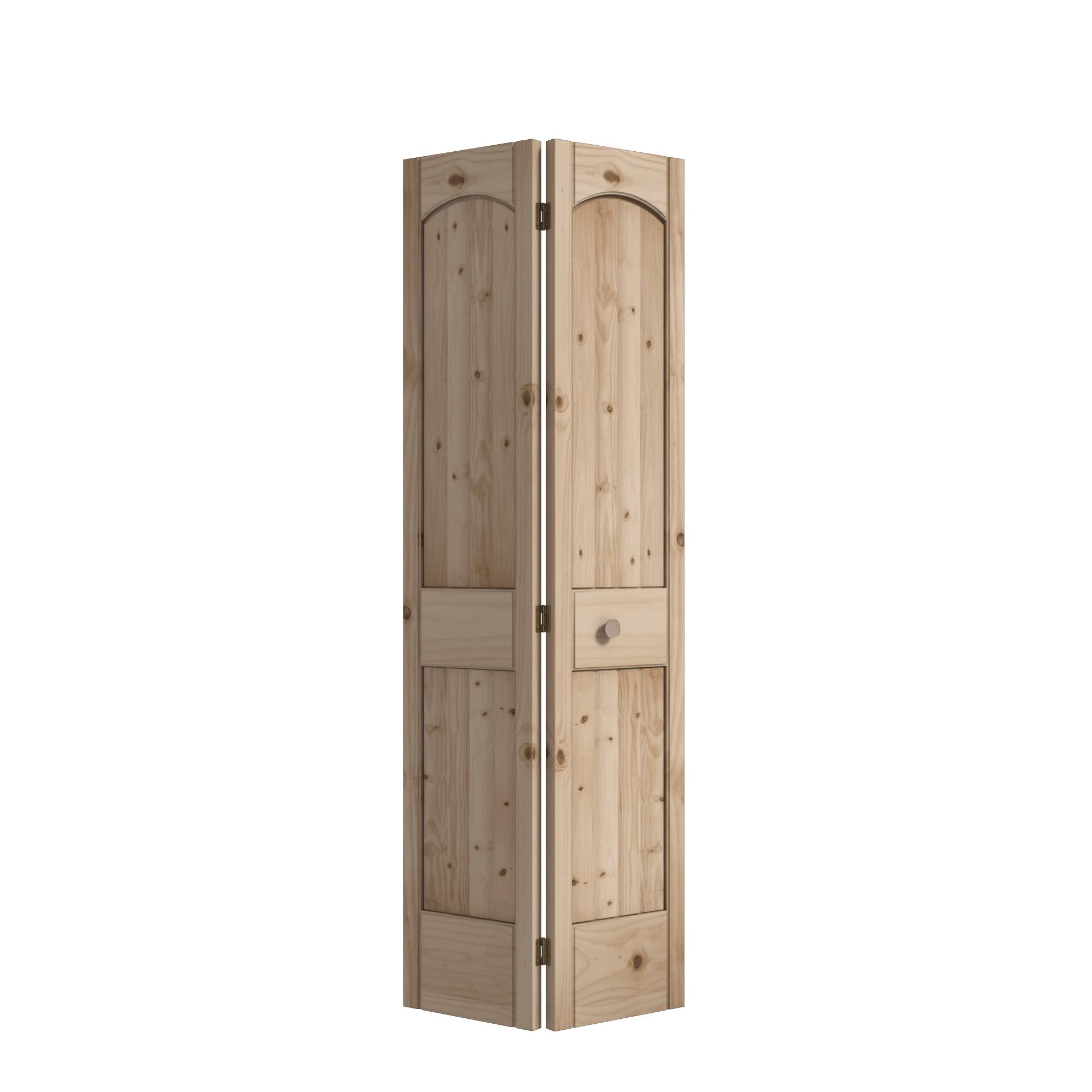 45b863dd055096606f0bf9057811b291d1c9e4403380e22cb15c609e060fee78.jpg EightDoors 36-in x 80-in Natural 2-Panel Arch Top Unfinished Pine Wood Bifold Door Hardware Included in Clear | 100688005803635 - Image 1