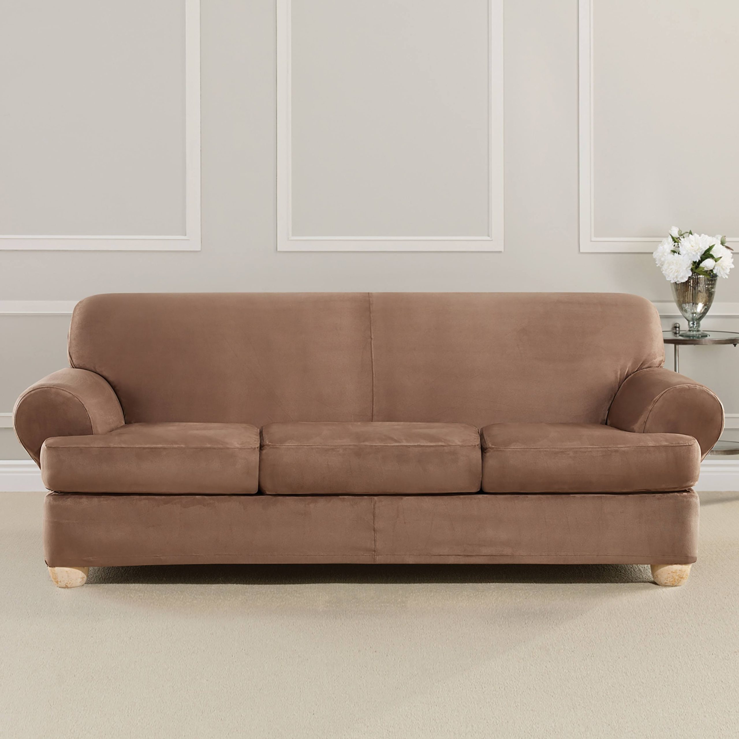 4640b13db5313d10fd44fc0a8db4ec9eaf8a32997fc87615b675267f0c824dee.jpg Sure Fit Ultimate Stretch Suede 4-Piece T-Sofa Slipcover, Luggage Brown - Image 1