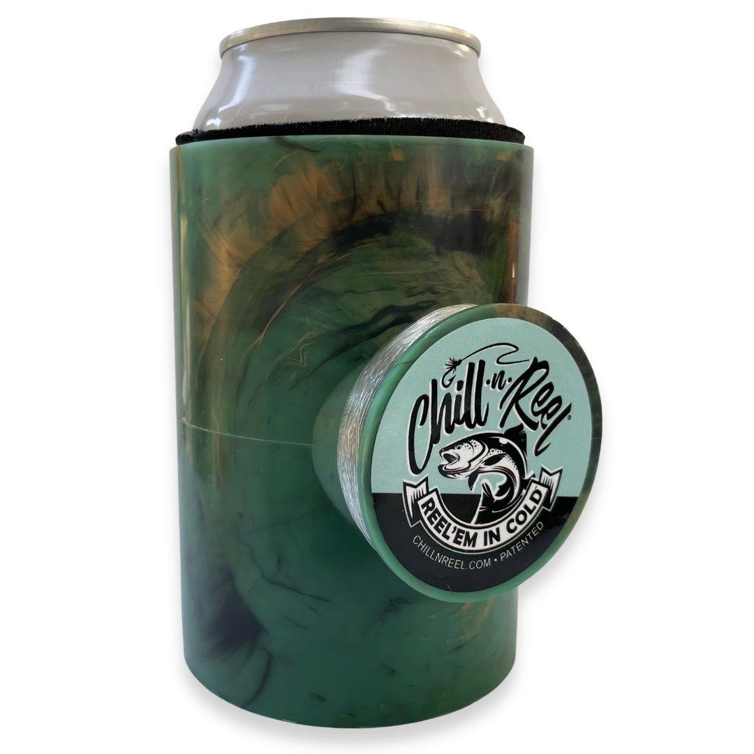 4662d6ba12adb7be310f656e46bf4414c1cd9e7a97ff3e489b087305ce727a8a.jpg Chill-N-Reel Fishing Can Cooler with Hand Line Reel Attached | Hard Shell Drink Holder Fits Any Standard Insulator Sleeve or Coozie | Unique Fun Fish - Image 1