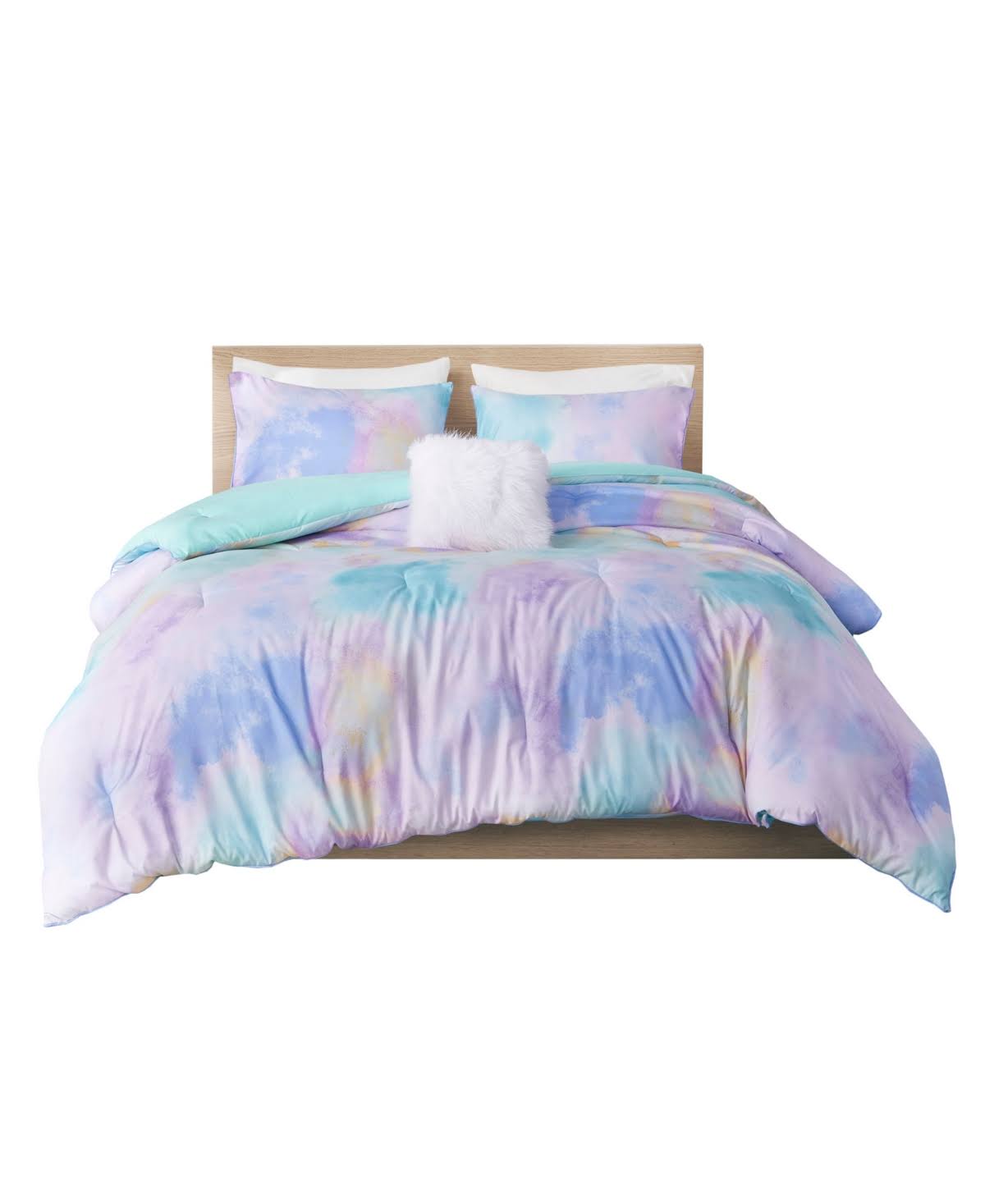 467c455643a1d5902357519bf8f8dbd77f653fabf1a5760f8c498d8e885d424f-1.jpg Intelligent Design Cassiopeia Full/Queen Aqua Watercolor Tie Dye Printed Comforter Set - Image 1