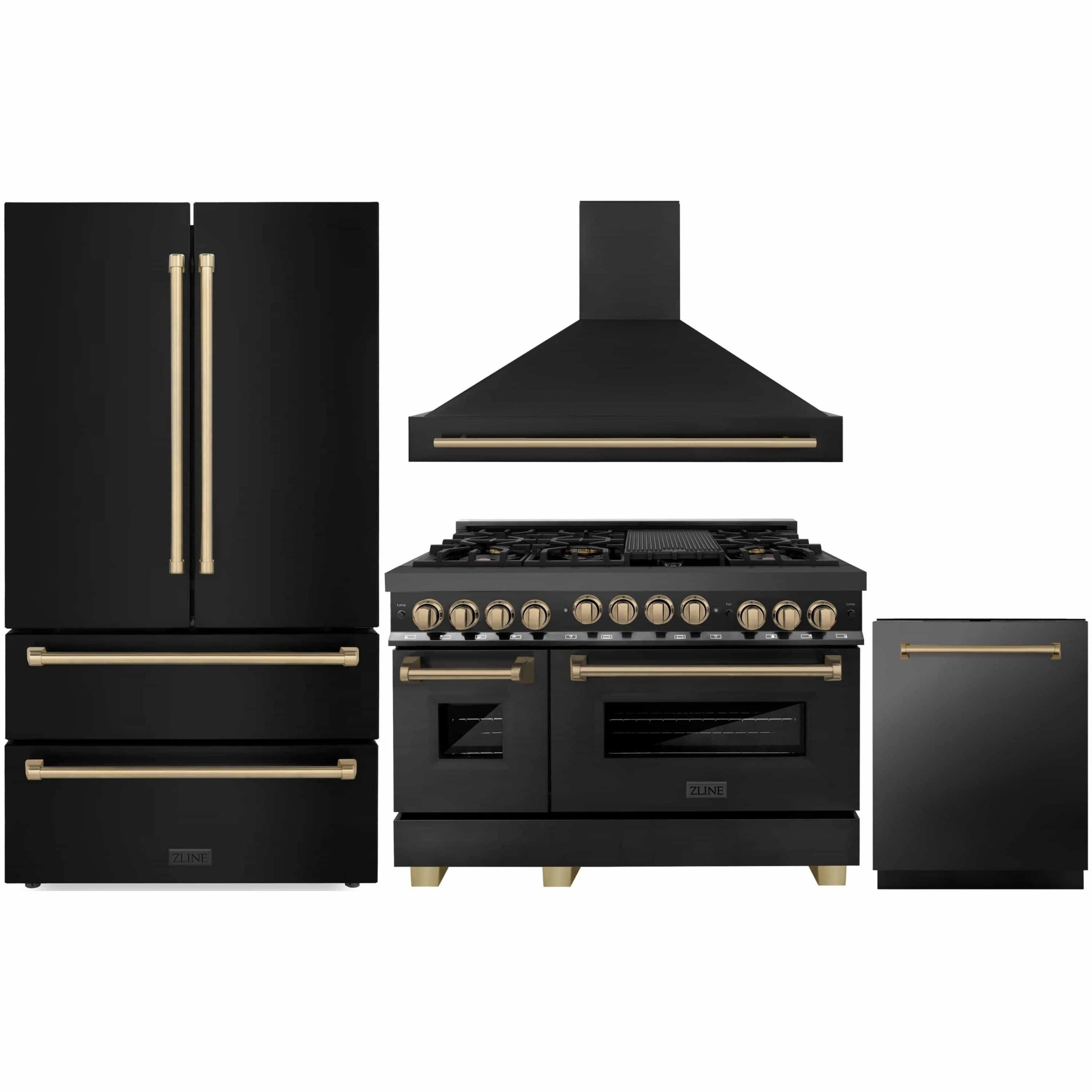 469ec588d4ce85a4d6e51f8da4d38ec40c8e325c896b4d7216e1957b5fdf2cd6.jpg ZLINE 48 in. Autograph Edition Kitchen Package with Black Stainless Steel Dual Fuel Range, Range Hood, Dishwasher and Refrigeration Champagne Bronze - Image 1