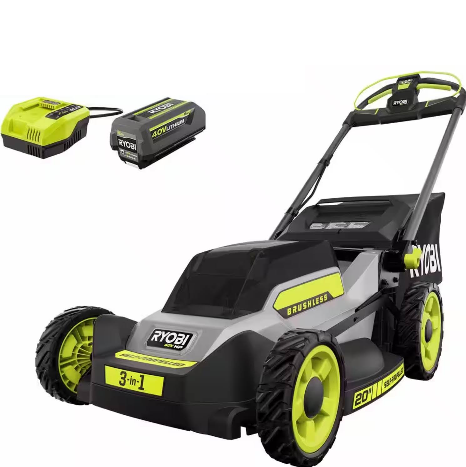 46b48031b6d4ae567138ff2a69bd89c551bbe7763943dd28aeecb86b306680a7.jpg Ryobi 40V HP Brushless 20 in. Cordless Electric Battery Walk Behind Self-Propelled Mower with 6.0 Ah Battery and Charger - Image 1