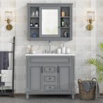 36'' Bathroom Vanity Set, Undermount Bathroom Cabinet and Mirror Cabinet, Ceramic Sink Top, Storage Cabinet with 2 Soft Closing Doors and 2 Drawers, Vanity Cabinet Set, Suit for 4'' Faucet, Gray