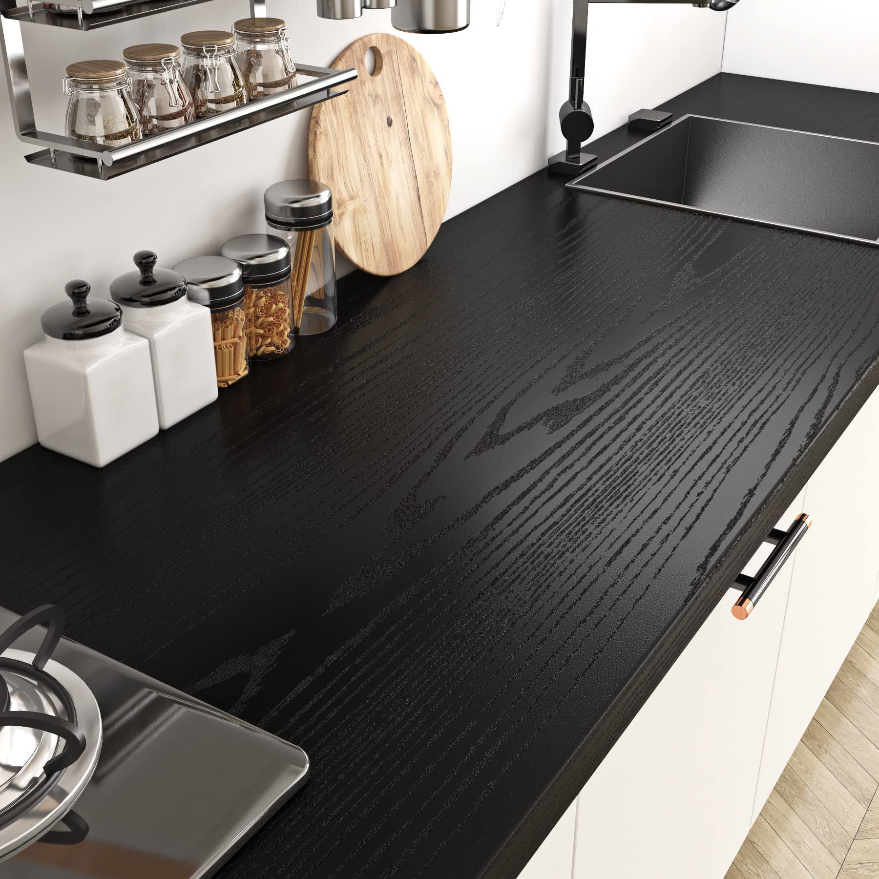 46ca215eb93a31a544baeb323484c5b15b9c7d1319356c13dbcb11e4f7b38f89.jpg Livelynine Black Wood Contact Paper Kitchen Cabinet Vinyl Wrap Waterproof Contact Paper Wood Black Wall Paper Roll Adhesive Kitchen Countertop - Image 1