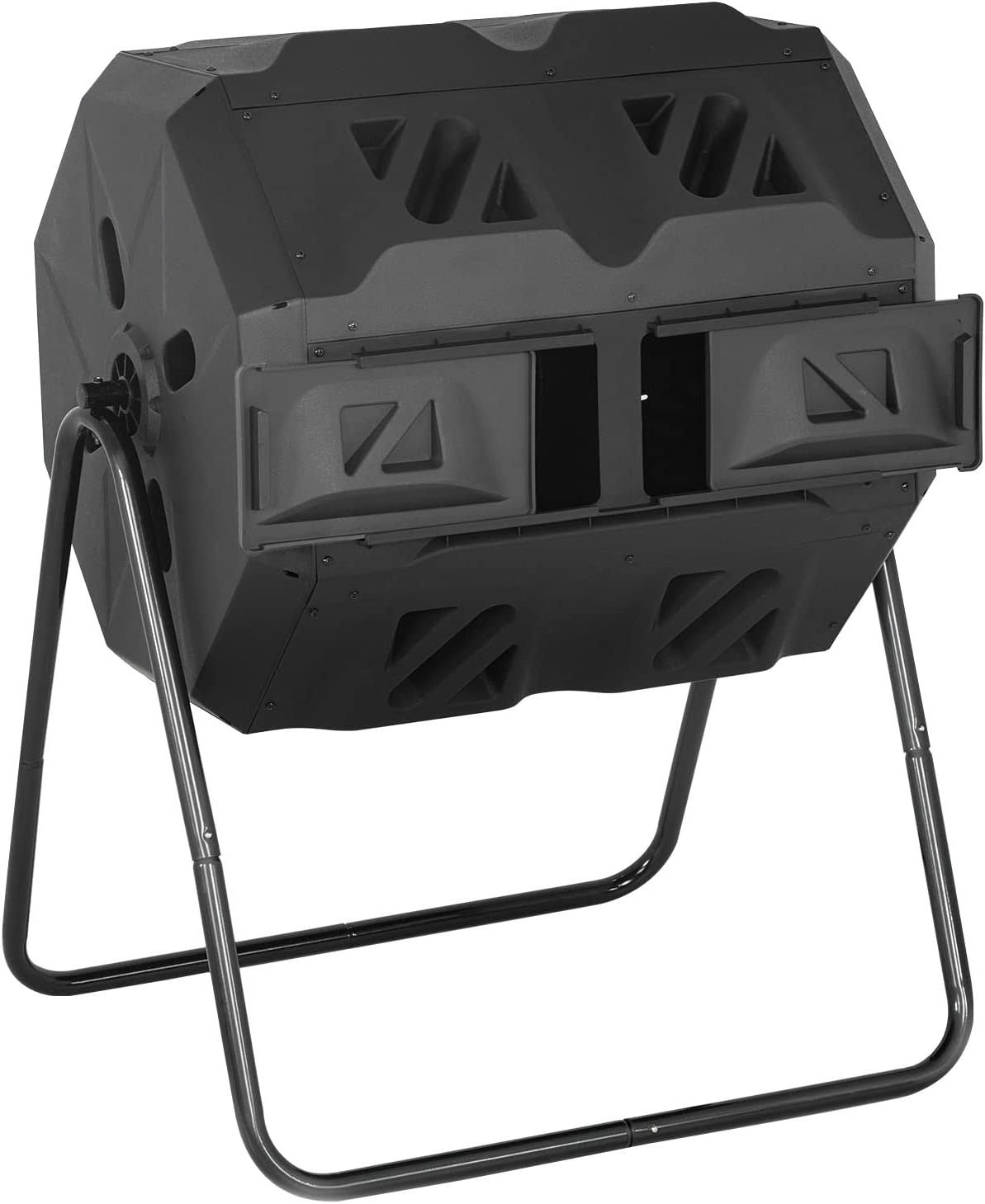 4708ed372fdc795ea7a25f138f3fb07879ac96c7fbf287d3d878fee4d4e5229c.jpg 43 Gallon Compost Bin Outdoor Tumbling Composting Bins Compost Tumbler Bucket Trash Can w/ Dual Chamber Sliding Doors for Garden Patio, Black Door - Image 1