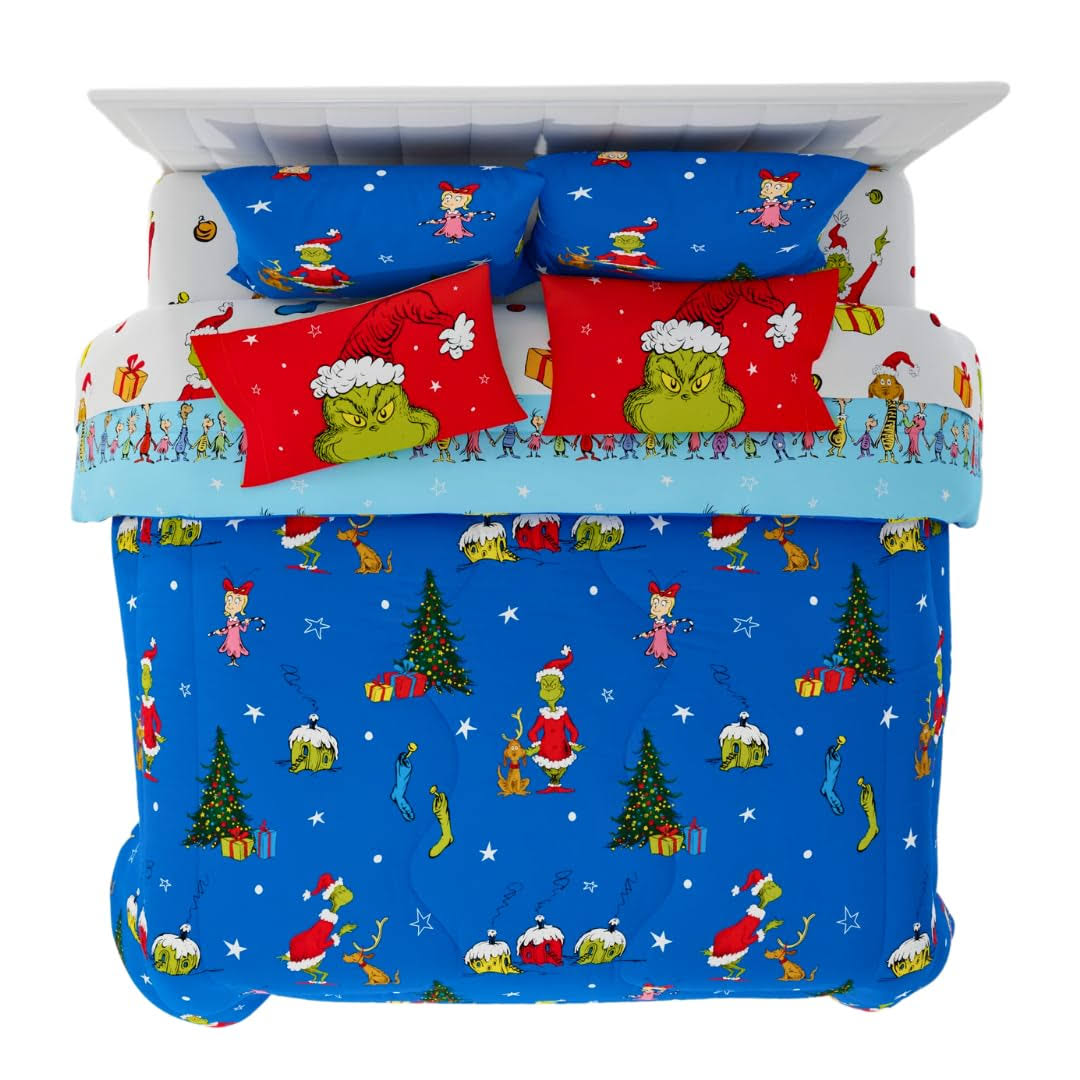 4751550cdf677c5bc296efa744a4032b6324c43239d803b4500e8f5a444c8269.jpg Franco Grinch by Dr. Seuss Holiday & Christmas Bedding Super Soft Comforter and Sheet Set with Sham, 7 Piece King Size (Official Dr. Seuss Product) - Image 1