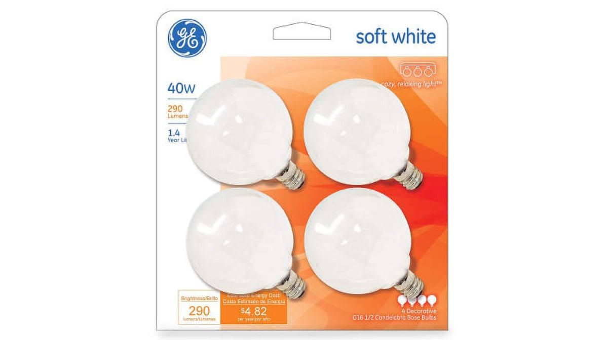 475fa7b2d16c04306ea3b80d30f27ee4dccf49888f6d79530be03912d38e224f.jpg GE Candelabra Base Incandescent Globe Light Bulb, Soft White, 40W - 4 pack - Image 1
