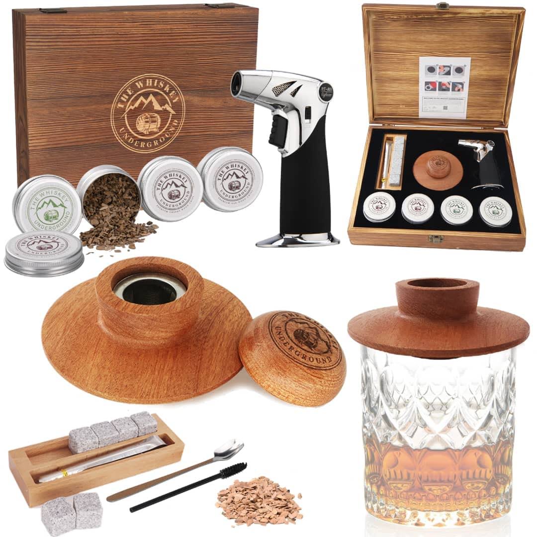4798ee31d280ed369c271dfc39ac62dbaa8c6a72fa37c2637b172e8986a38f8b.jpg The Whiskey Underground Bourbon, Whiskey Smoker Kit - Cocktail Smoking Kit with Butane Torch, Smoke Top, Whiskey Stones - Apple, Cherry, Oak, Walnut - Image 1