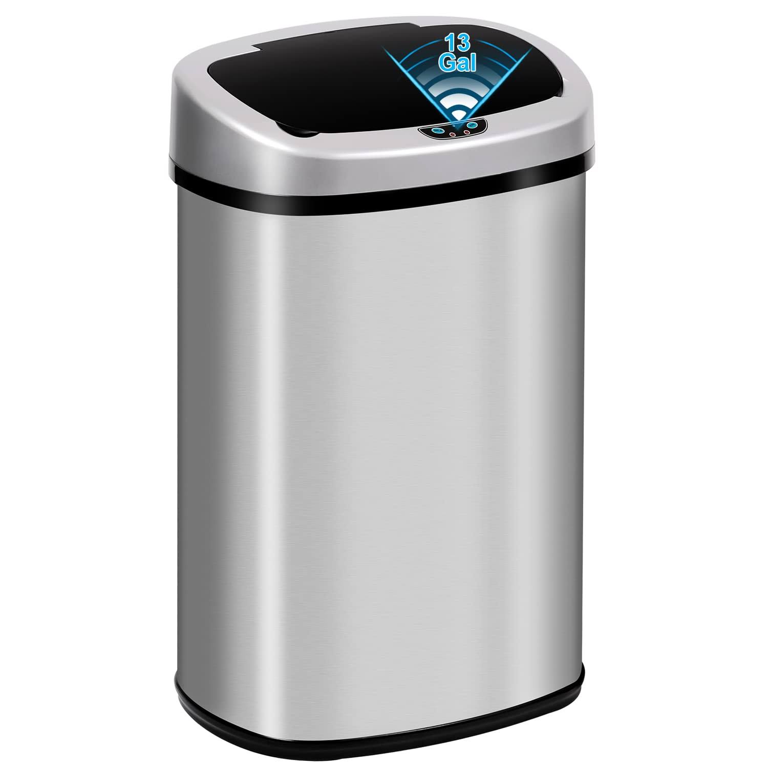 47ad6a47fac36b75bf0798acd78ad884a5260108935895f03aeb01ff9facc451.jpg 13 Gallon Touch Free Automatic Stainless Steel Trash Can Garbage Can Metal Trash Bin with Lid for Kitchen Living Room Office Bathroom, Electronic - Image 1