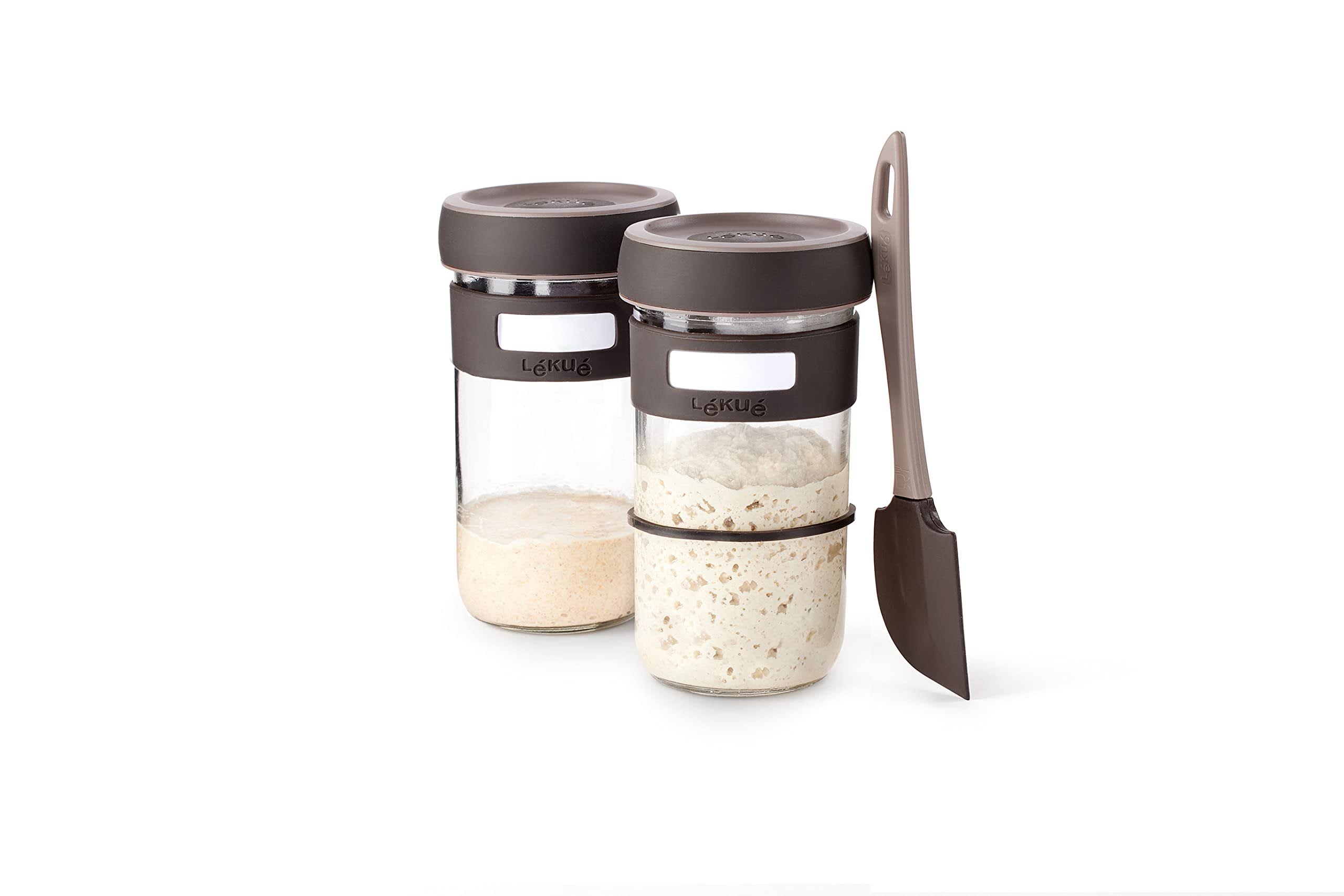 47cdc8f659147c083629e684927dd622931aacb8037a7f333797d43deb60b8c2.jpg Lekue Sourdough Starter Set with 2 Jars and Silicone Spatula, Brown - Image 1