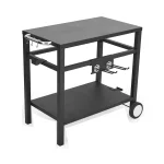 Outdoor Grill Cart Pizza Oven Stand, Double - Shelf Outdoor Movable Dining Cart Table Outdoor with Wheels & Hooks, Side Handle, Stainless Steel Kitchen Work Table Cart for Bar, Patio, Camping(Black)