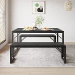 Dining Table Set for 4 People with 2 Benches, Dinette Set, 550 lb, Black