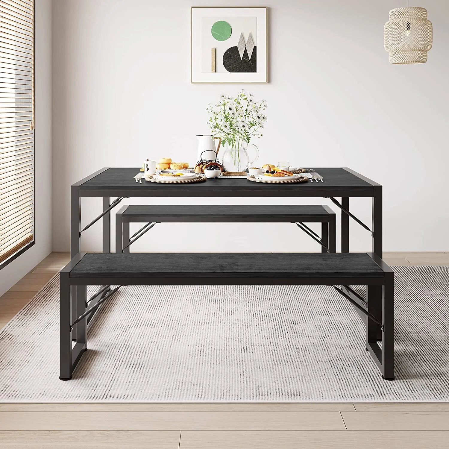 481a542af118d13b2cd8f1268b3331fcce34d7252c8b940920c219b12ac0db96.webp Dining Table Set for 4 People with 2 Benches, Dinette Set, 550 lb, Black - Image 1