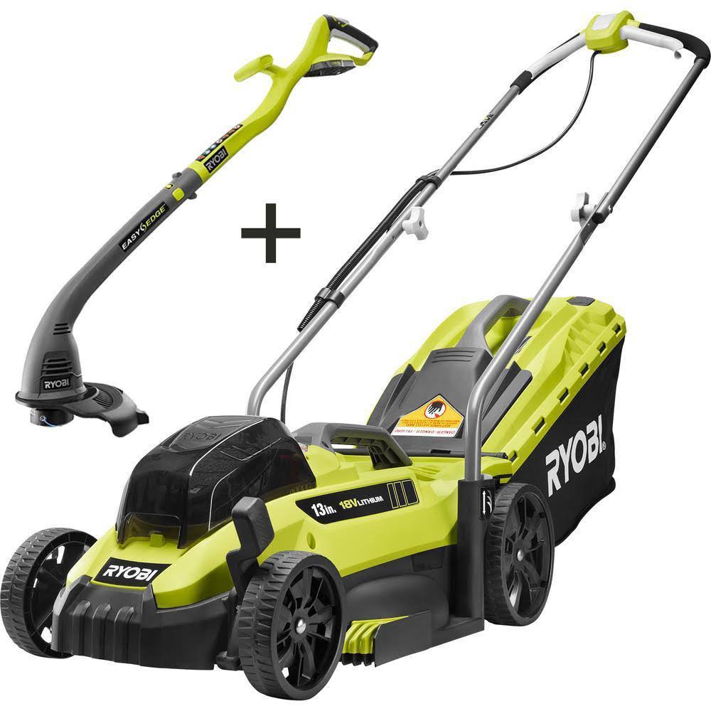 481d669b6acacc707e19f1df67b53c68e2057f3259f0ff8ef9828a4ca28d79f4.jpg Ryobi One+ 18V 13 in. Cordless Battery Walk Behind Push Lawn Mower & String Trimmer with 4.0 Ah Battery and Charger - Image 1