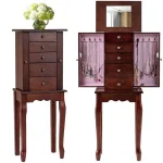 Standing Jewelry Armoire Cabinet with Flip Top Mirror, 4 Drawers, 8 Necklace Hooks & 2 Side Doors, Jewelry Storage Organizer Chest for Bedroom