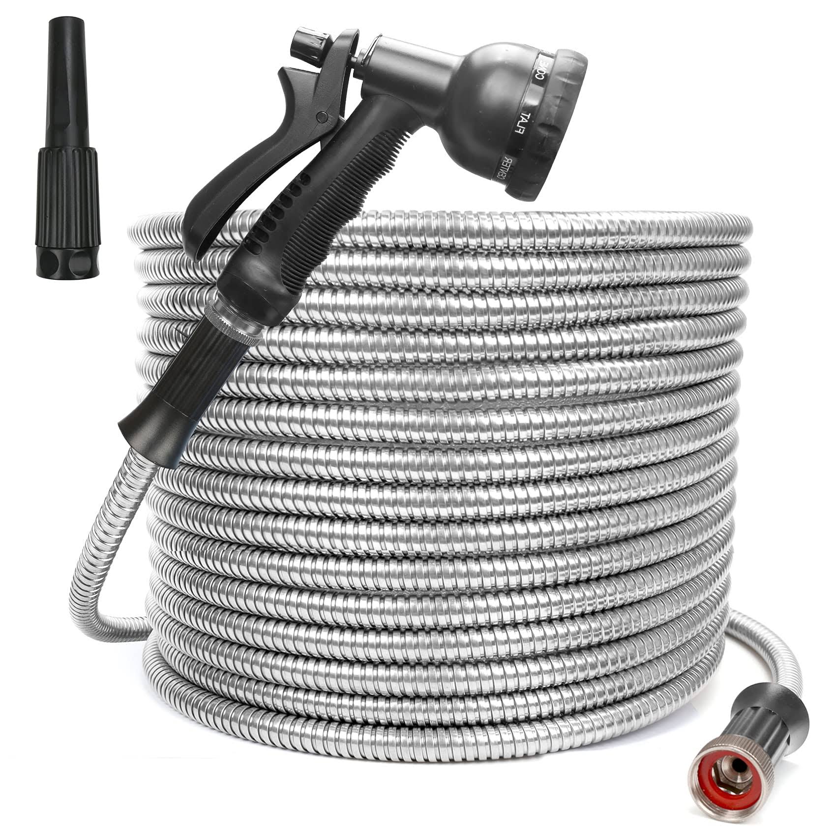48f193ea6f57c11d95080c5b40287d53e4f3a39365fe0841331979b7bee7f460.jpg Flantor Garden Hose 304 Stainless Steel Water Hose, 25ft Heavy Duty Metal Garden Hose Expandable Leak and Fray Resistant Design Garden Hose with 8 - Image 1
