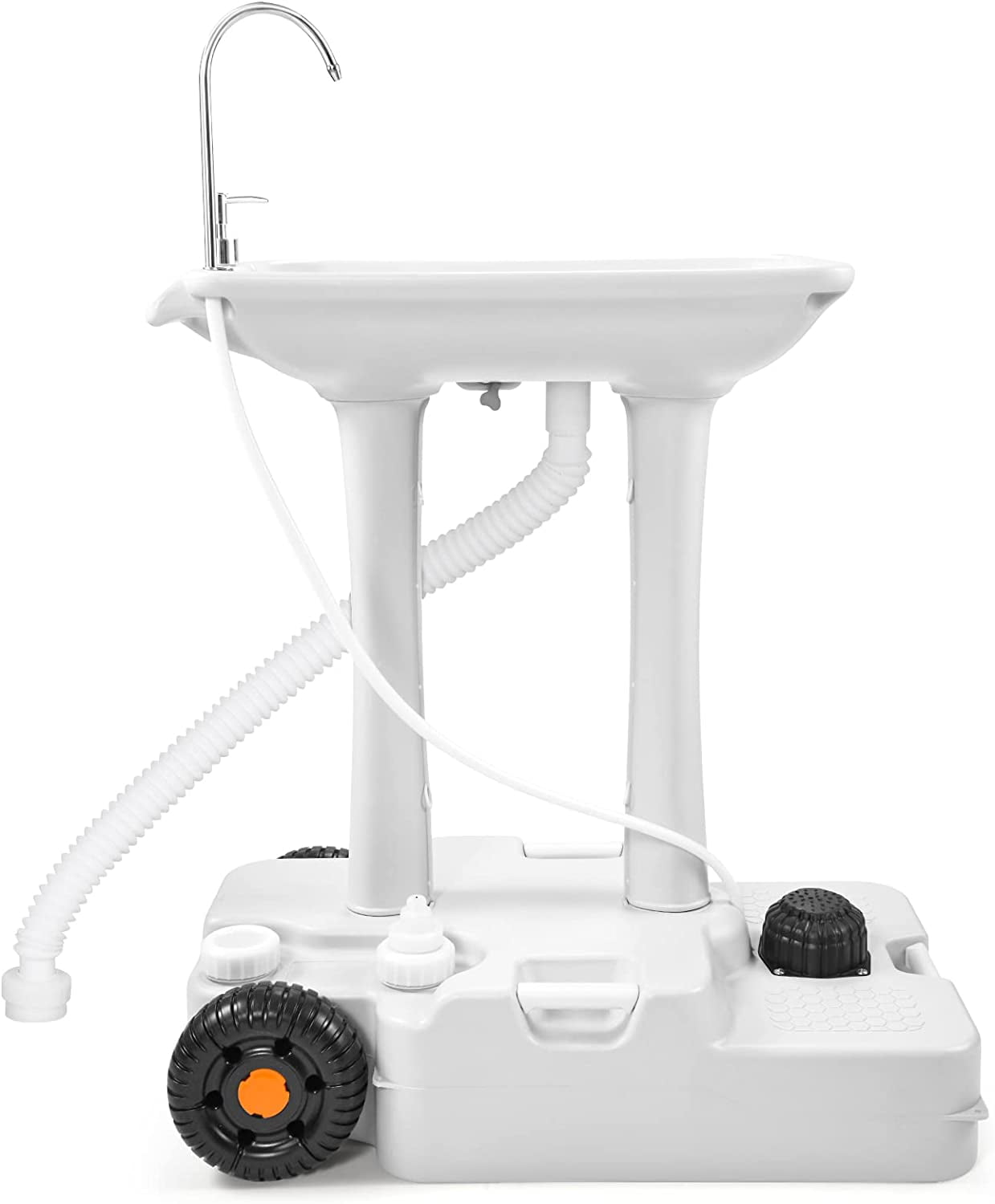 4908c5a27d4d6d6a8c59cb78f58ea84f8fc868f52599b44db892d8705f10b02a.jpg Portable Camping Sink with Rolling Wheels. Hand Washing Station with 30 L Water Capacity. Soap Dispenser. Towel Holder. Ideal for Outdoor Camping - Image 1