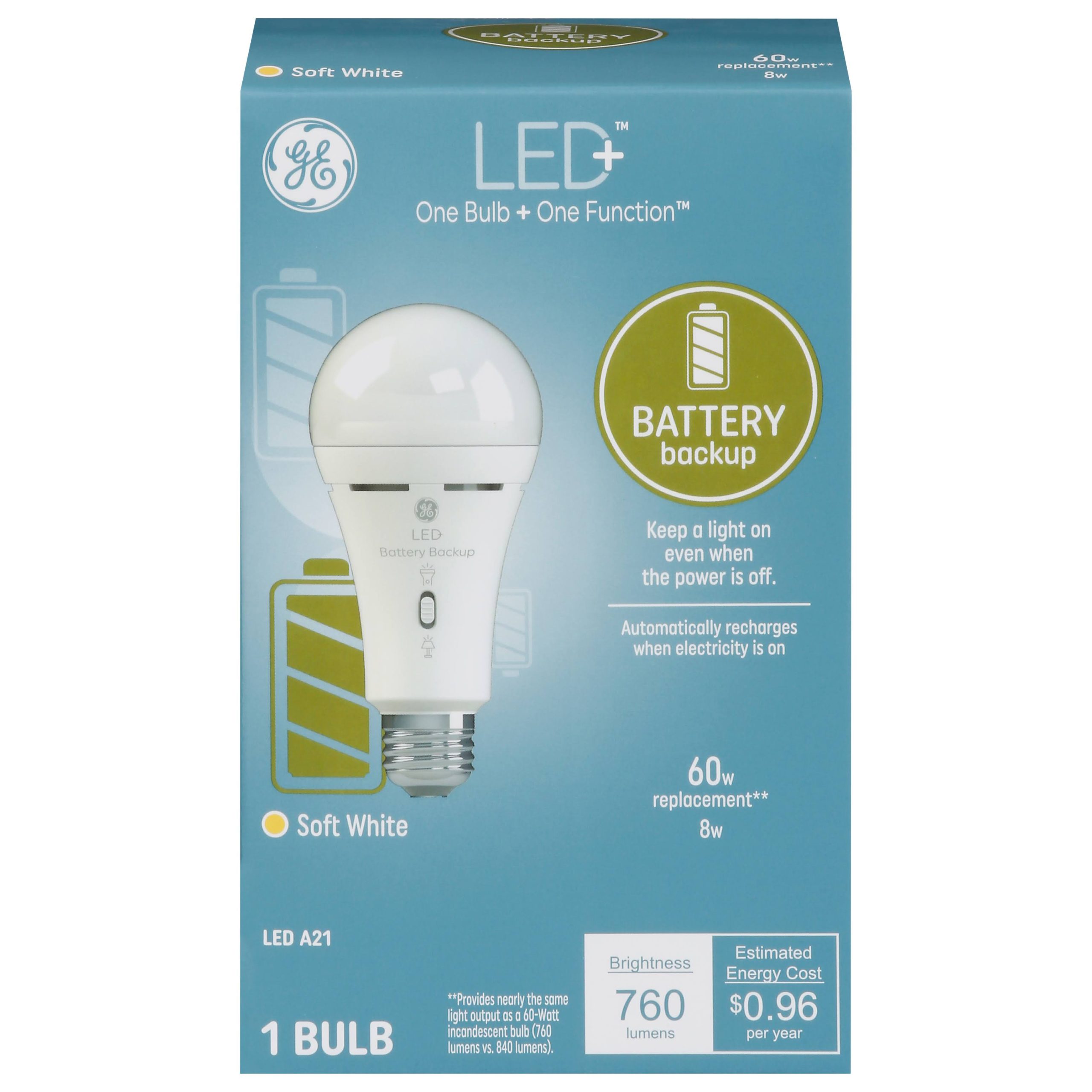 4910ce2e956f76d9235399db243092aa5da6bdd3dbb4d97d1cf375bc2a6731d8.jpg Ge LED+ Light Bulb, LED+, Battery Backup, Soft White, 8 Watts - Image 1