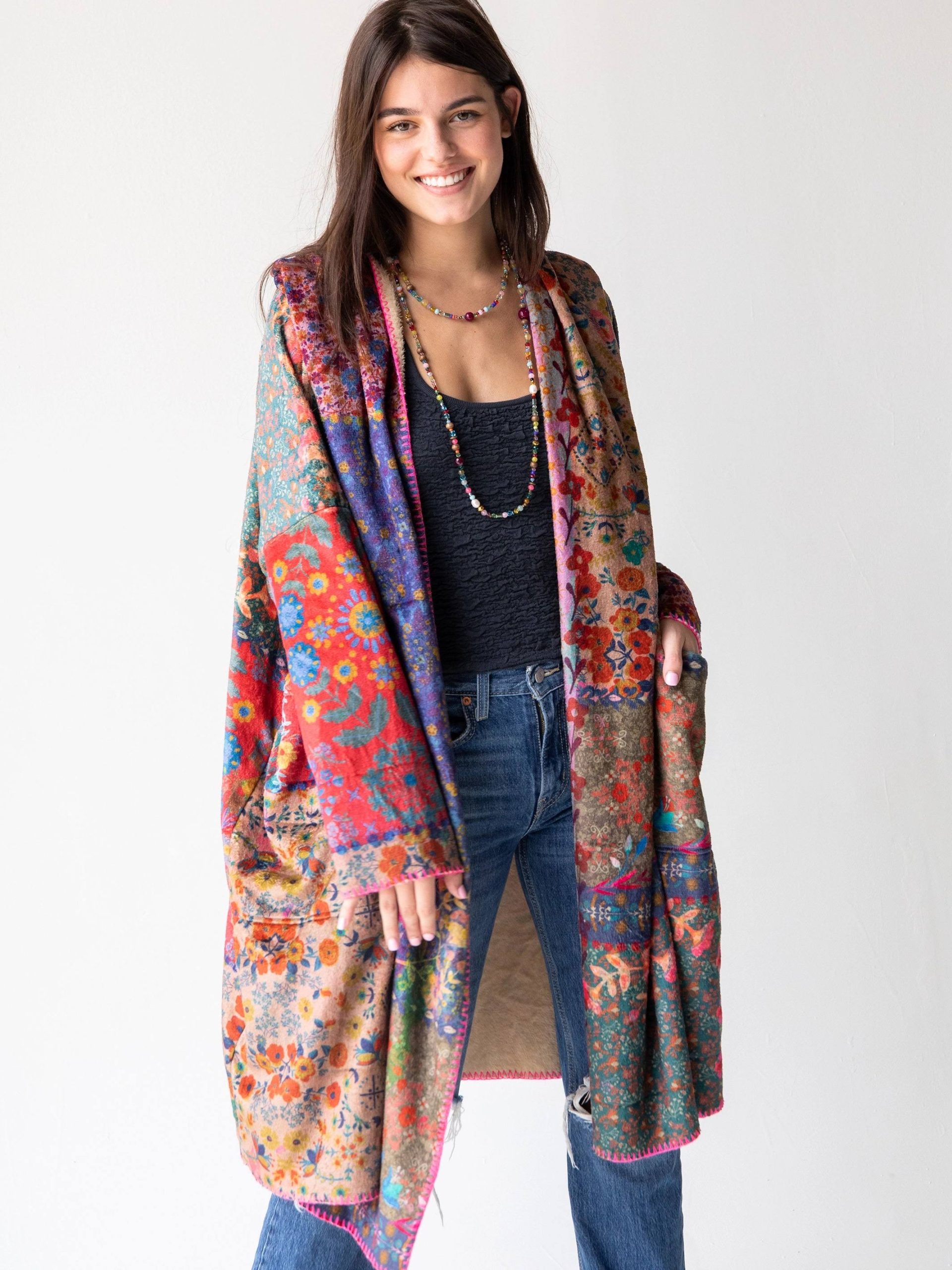 49311bdd0f43d850a7fbc89e894e331005fd2fd9ea7f977a81662feb8af16baf.jpg Natural Life Long Blanket Kimono - Vintage Patchwork L/XL - Image 1