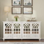 Timechee Buffet Sideboard Accent Table, Console Table Storage Cabinet with Mirror Doors, White