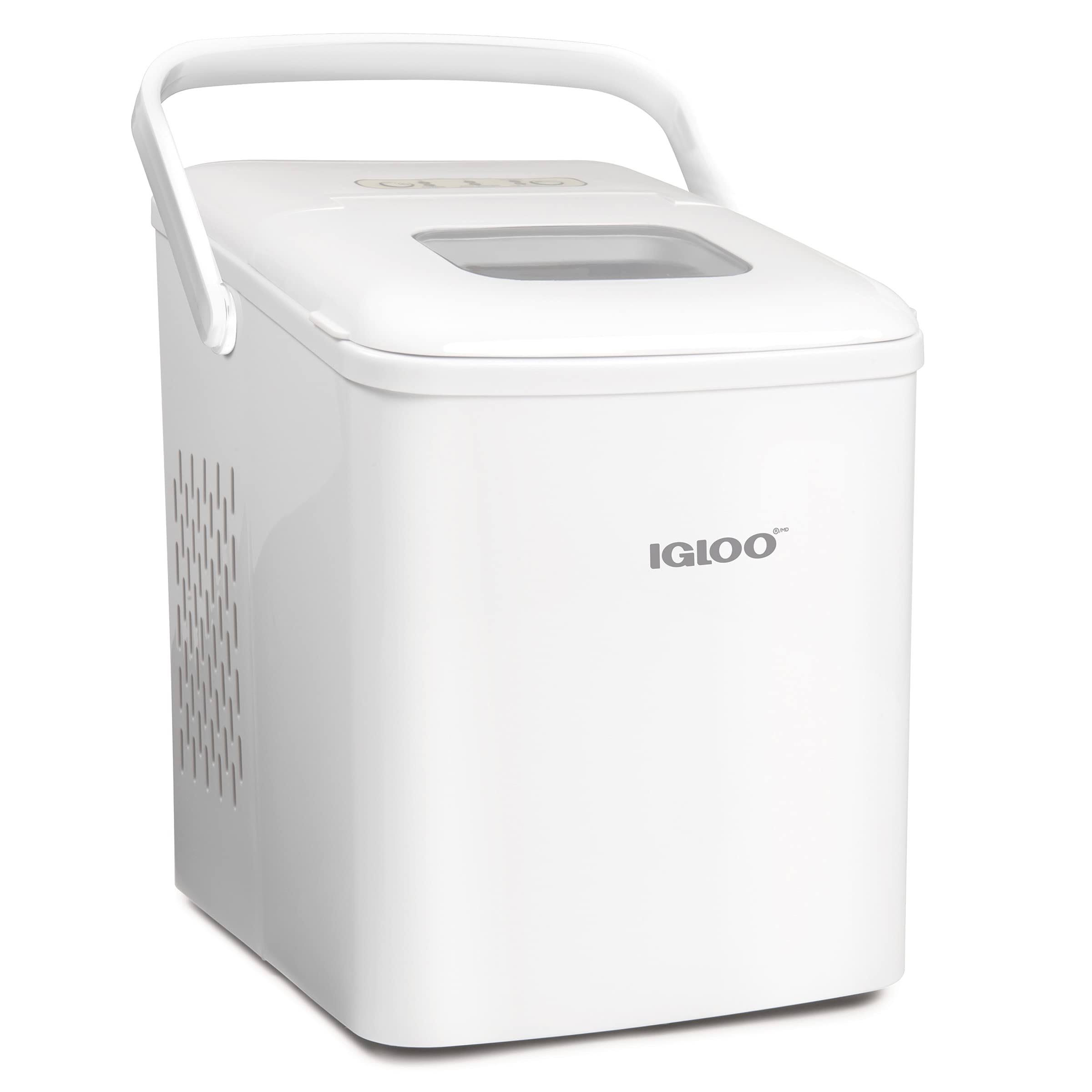 4a17efa0a9e45dc3b949a8b434eabf9f313fb5b06962d166fa9dc87c82a700fe.jpg Igloo 26lb. Self-Cleaning Portable Ice Maker with Handle, White - Image 1