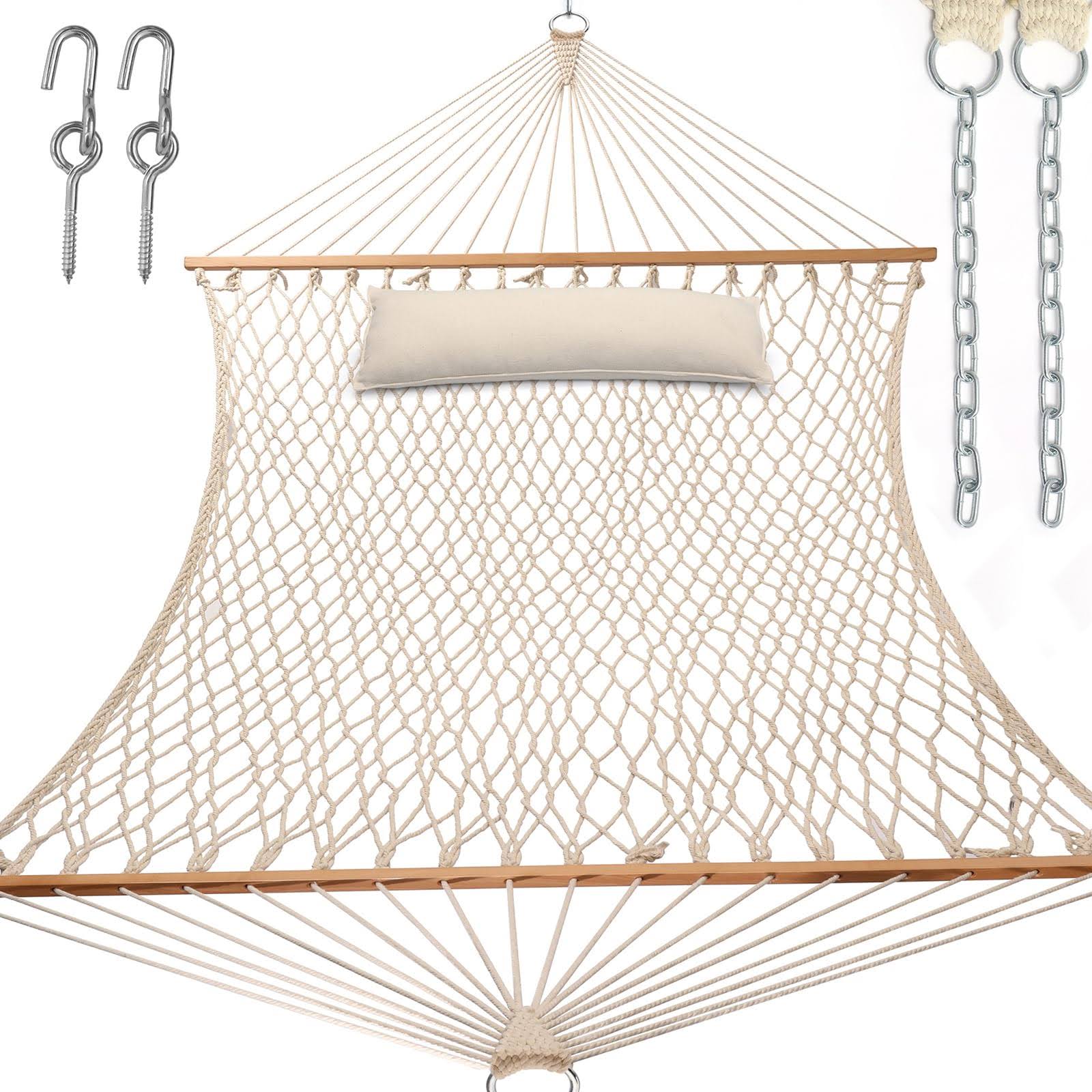 4a35774c6f76bfc8c4e30ad16d95df2771709f29701bddb52ac0b7efb6a43d3f.jpg Y- Stop 13.2ft hammocks,traditional Cotton Rope Hammock with Chains and Hooks for outdoor,indoor,patio yard,double Solid Wood - Image 1