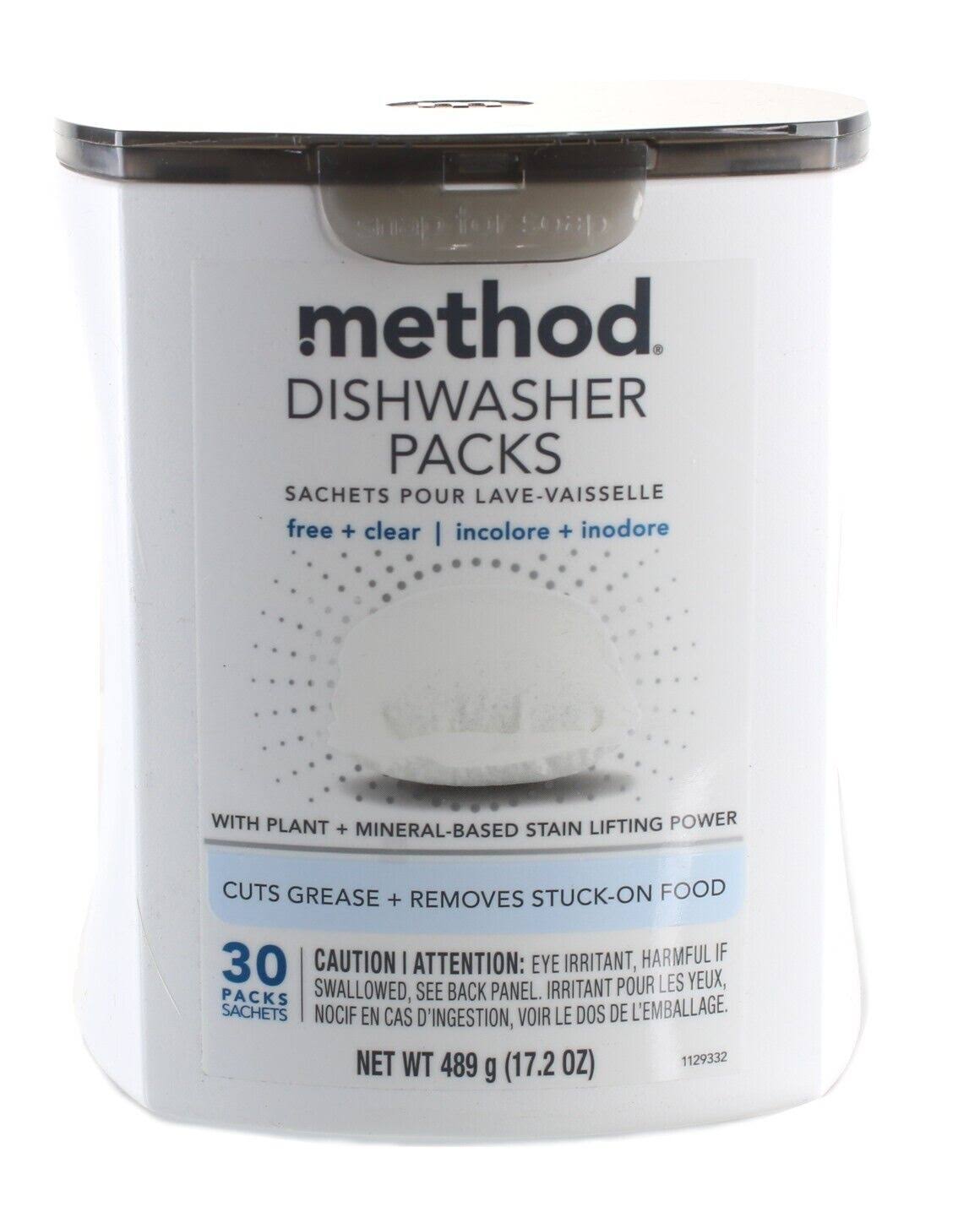 4a810d20116882e35fd5502d7b17788fc466bcc2b95e0a3f890ea151b02577ec.jpg Method Dishwasher Packs, Free + Clear - 30 packs, 489 g - Image 1
