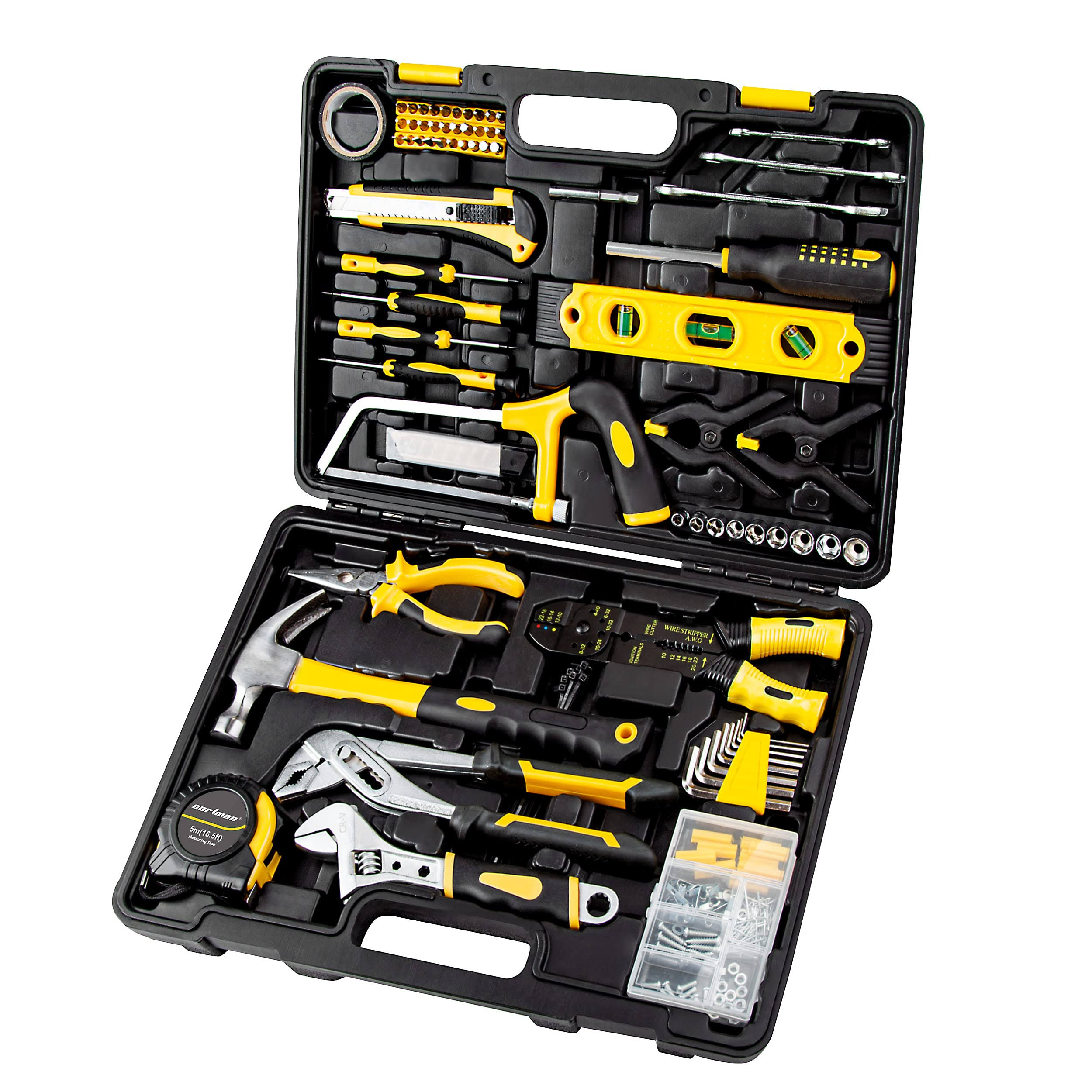 4aa34bf302e9047509c480e76ef396492f7be7b300a4cfee9782c93ca2a415e6.jpg Cartman 218 Piece Tool Set General Household Hand Tool Kit with Plastic Toolbox Storage Case Yellow - Image 1