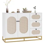 Homfa 3 Drawers Accent Storage Cabinet, 34.2"h Gold Buffet Sideboard with Rattan Doors for Living Room, White