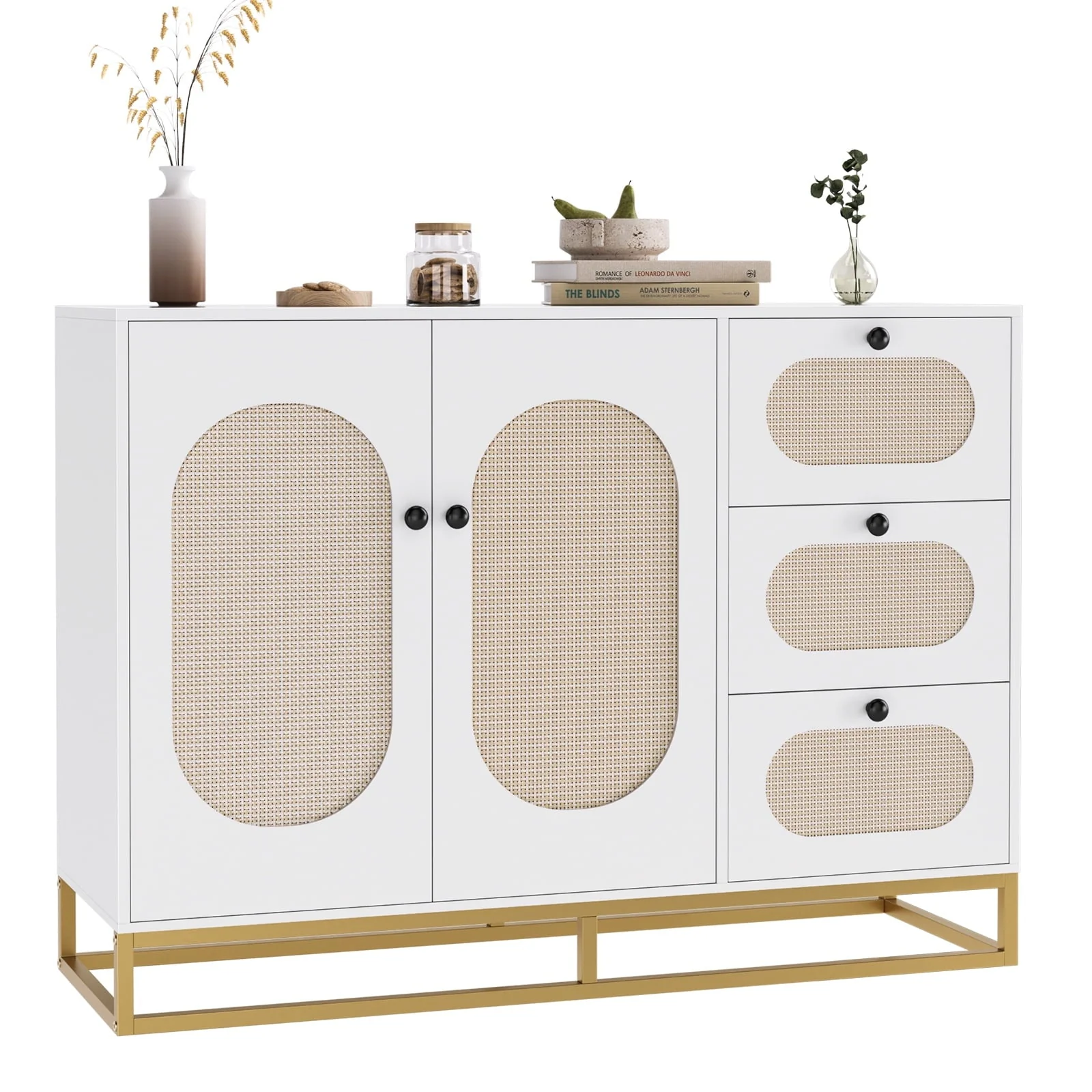 4ac6d8526a293145c3181910c8b4622a9a646a733902a0a9f4dd785ed85bf49f.webp Homfa 3 Drawers Accent Storage Cabinet, 34.2"h Gold Buffet Sideboard with Rattan Doors for Living Room, White - Image 1