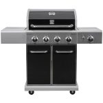 4-Burner Outdoor Propane Gas Grill with Searing Side Burner. Stainless Steel with Black Trim