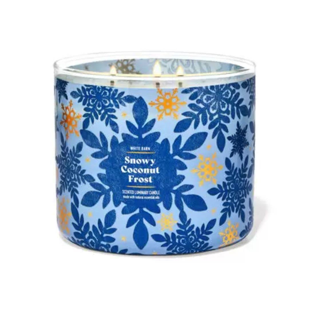 4afd1bcb9142306066cd1a79821725ef6d366378108c4384f48f8283ff53f833.jpg Bath & Body Works Accents | Bath and Body Works Snowy Coconut Frost 3 Wick Candle Nwt Any 2/$45 | Color: Blue/White | Size: Os | Mamamoo26's Closet - Image 1