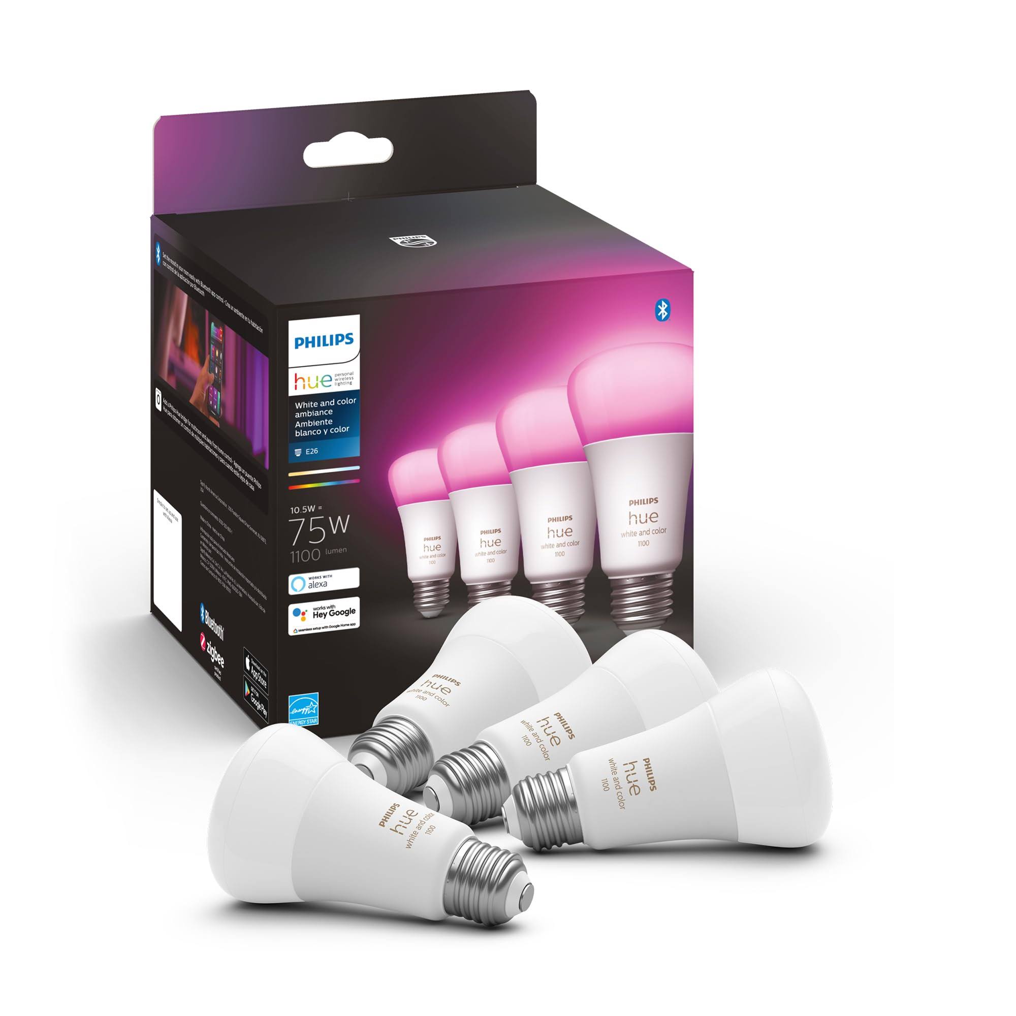 4b43ae97fa548585a74524f538b95ae3576e7646606ff791492774d3ce6e89d8.jpg Philips Hue 75W A19 White and Color Ambiance LED Smart Color-Changing Bulb - Pack of 4 - E26, Indoor - Control with Hue App - Compatible with Alexa, - Image 1