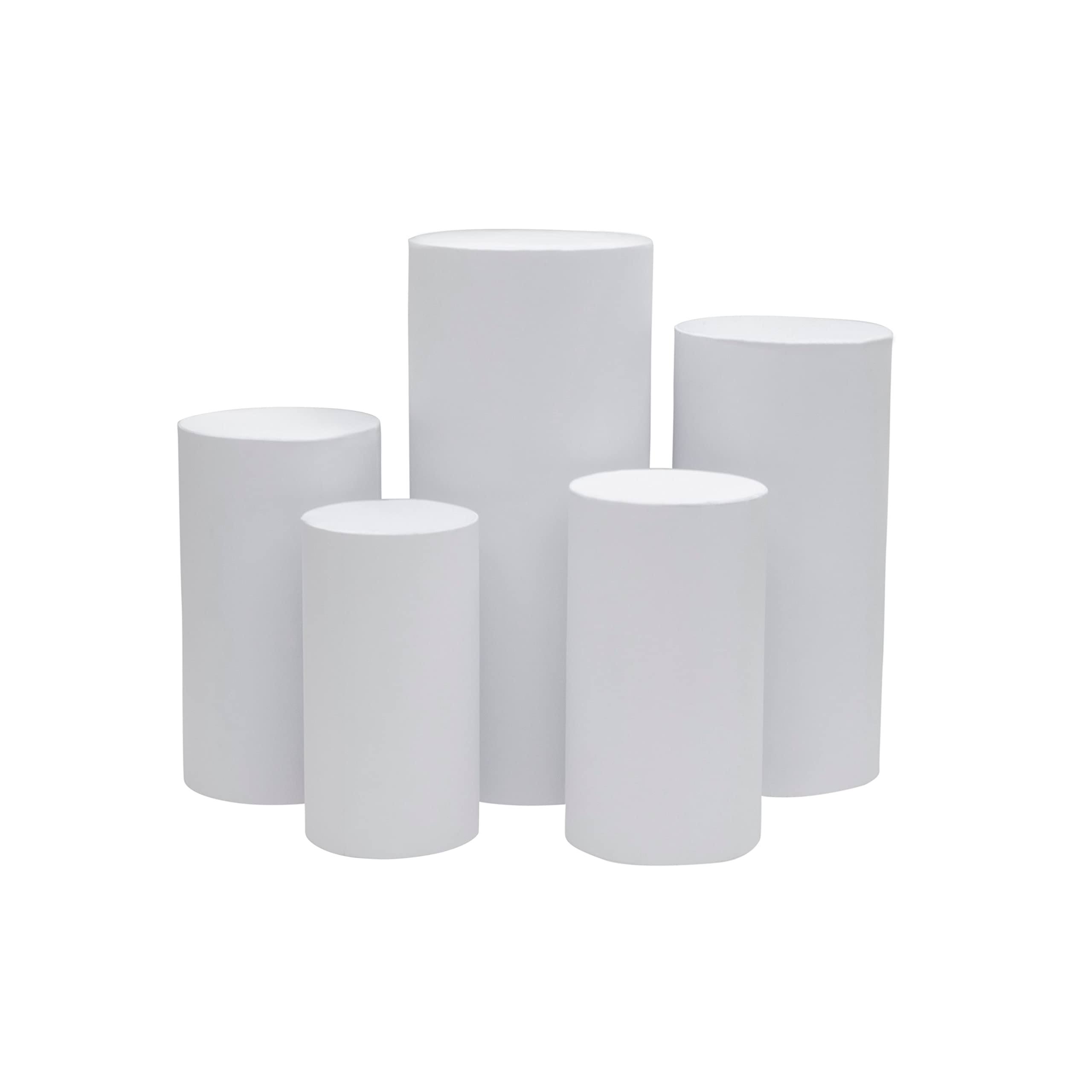 4b49de53581fc110a207a592902d82d2b5d6559a39fb6f242764fbaa08bf1188.jpg 1 Set, Spandex Pillar Covers for Metal Cylinder Pedestal Stands 5 Pcs/Set - White Covers ONLY/Cylinder Pedestal Stands Not Included - Image 1