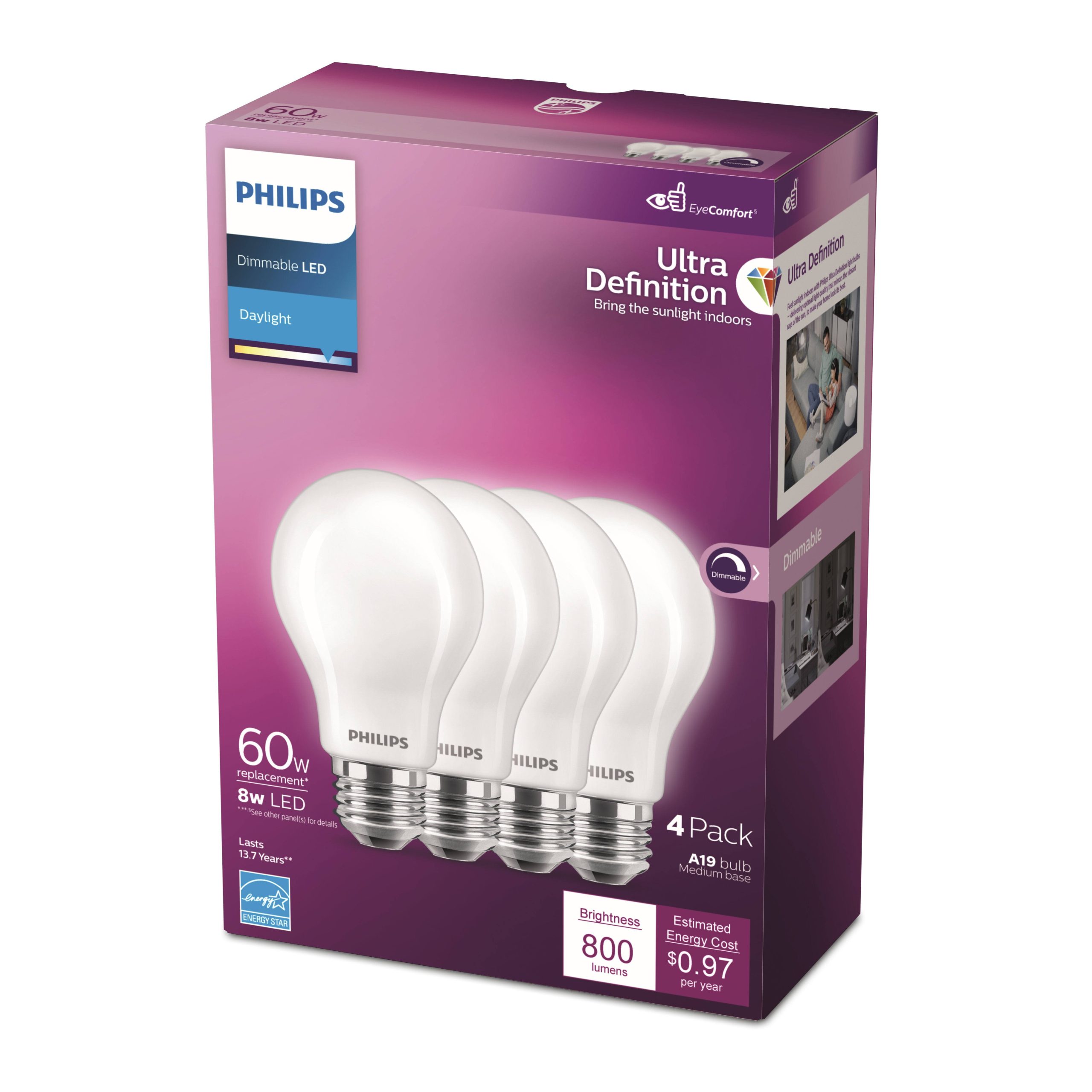 4bab531825b01d5025187e2224a1fdb7b1c77642c2654c6c0104793c3cc7aacb.jpg Philips 60-Watt Equivalent A19 Ultra Definition Dimmable E26 LED Light Bulb Daylight 5000K (4-Pack) - Image 1
