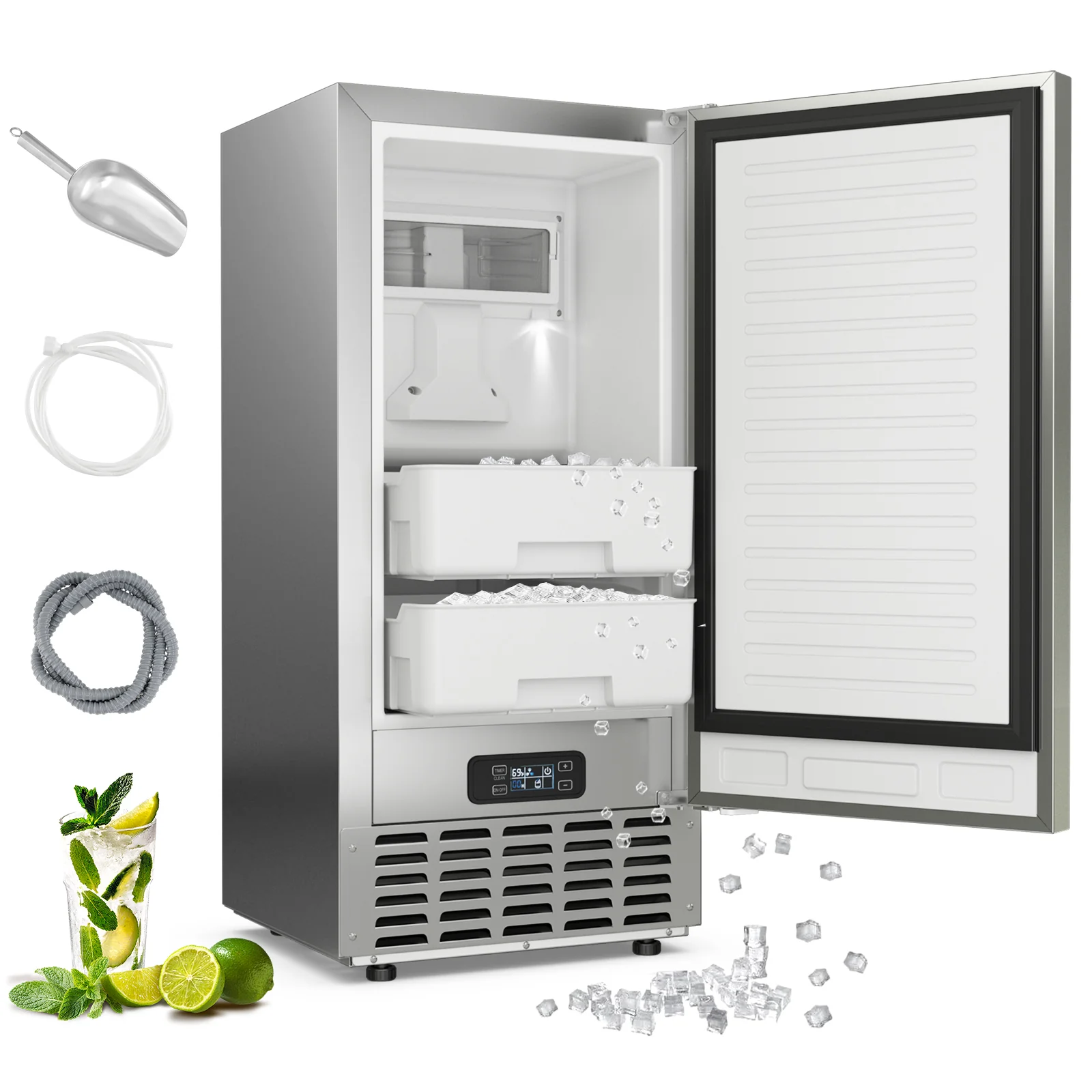 4bdb6f2ec947b0fd31a74402a9a5fd9f0bdf52a9ed764687106a742c03e4c483.webp 80 lbs/Day Under Counter Nugget Ice Maker, 15" Built-in Freestanding Ice Machine with Self-Cleaning, LCD Panel & 24H Timer for Home & Commercial Use - Image 1