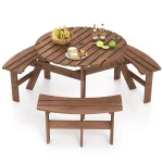 6-Person Round Wood Picnic Table Set with 3 Built-in Benches & 2" Umbrella Hole, Holds 1850 LBS, Outdoor Dining Table & Bench for Patio Garden