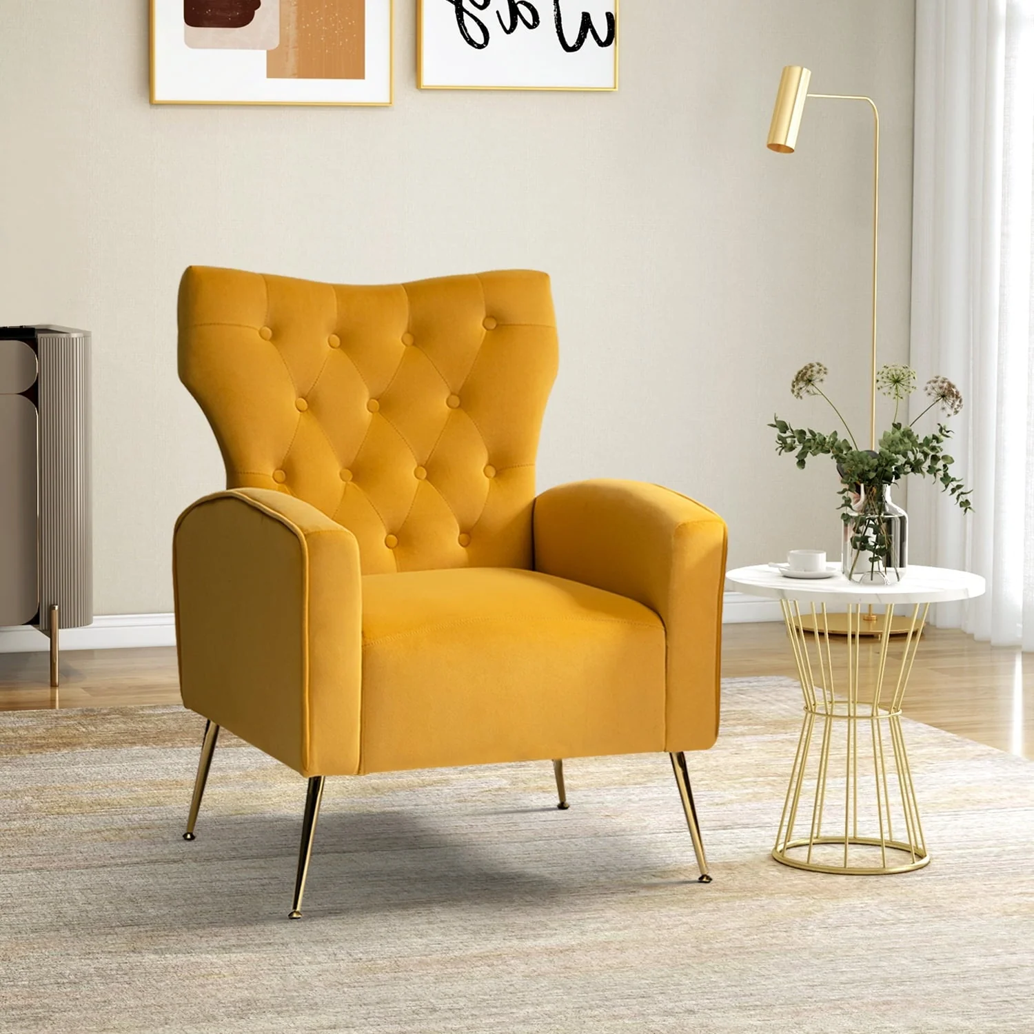 4beb38d2cccd548708b4bc5ad0a25caa22d43e3c4caa2387216e01ca43af3d26.webp 14 Karat Home Fall Home Decor Velvet Accent Chair Button Tufted Metal Legs Adult Living Room Mustard - Image 1